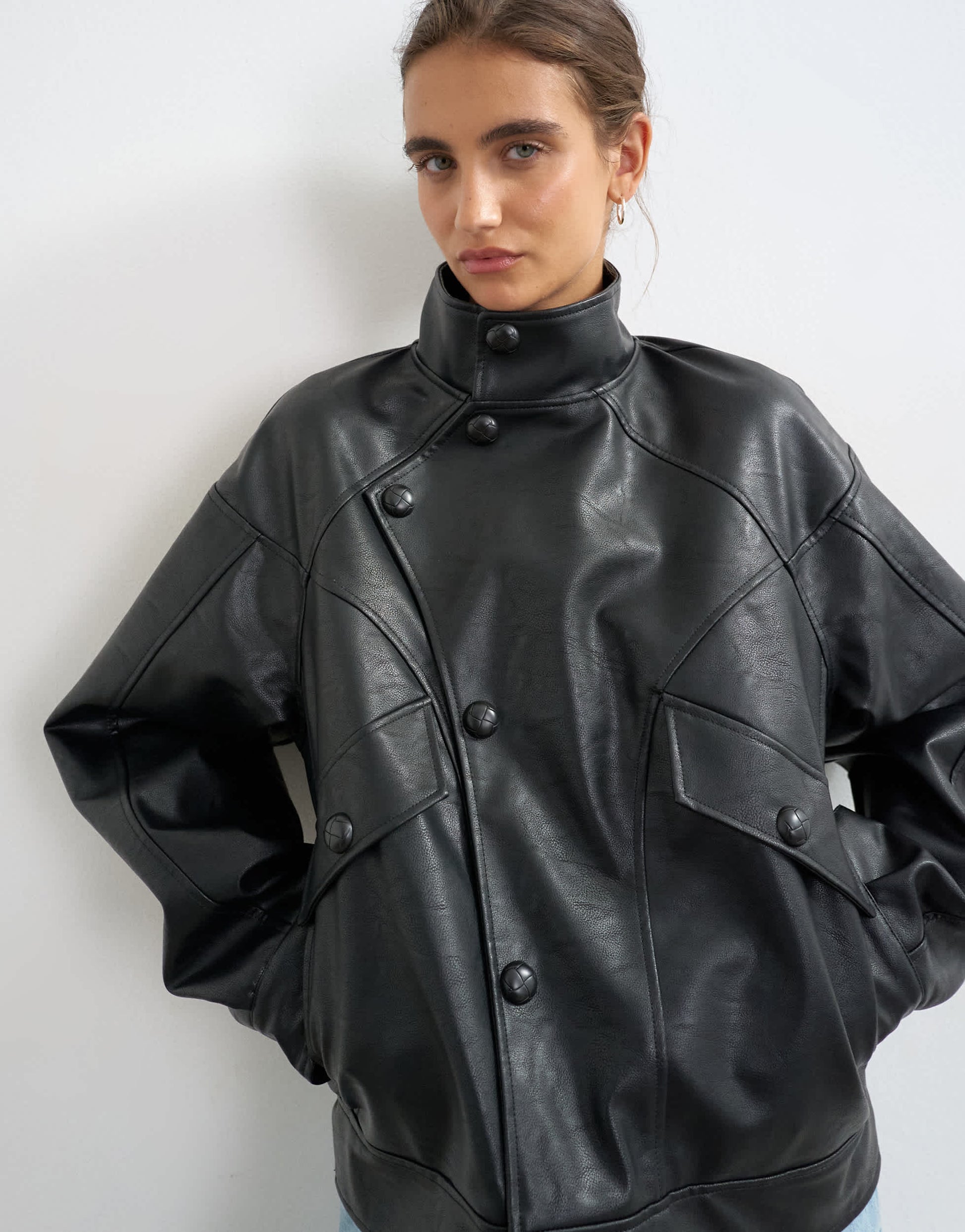 Topshop faux leather funnel button through jacket in black