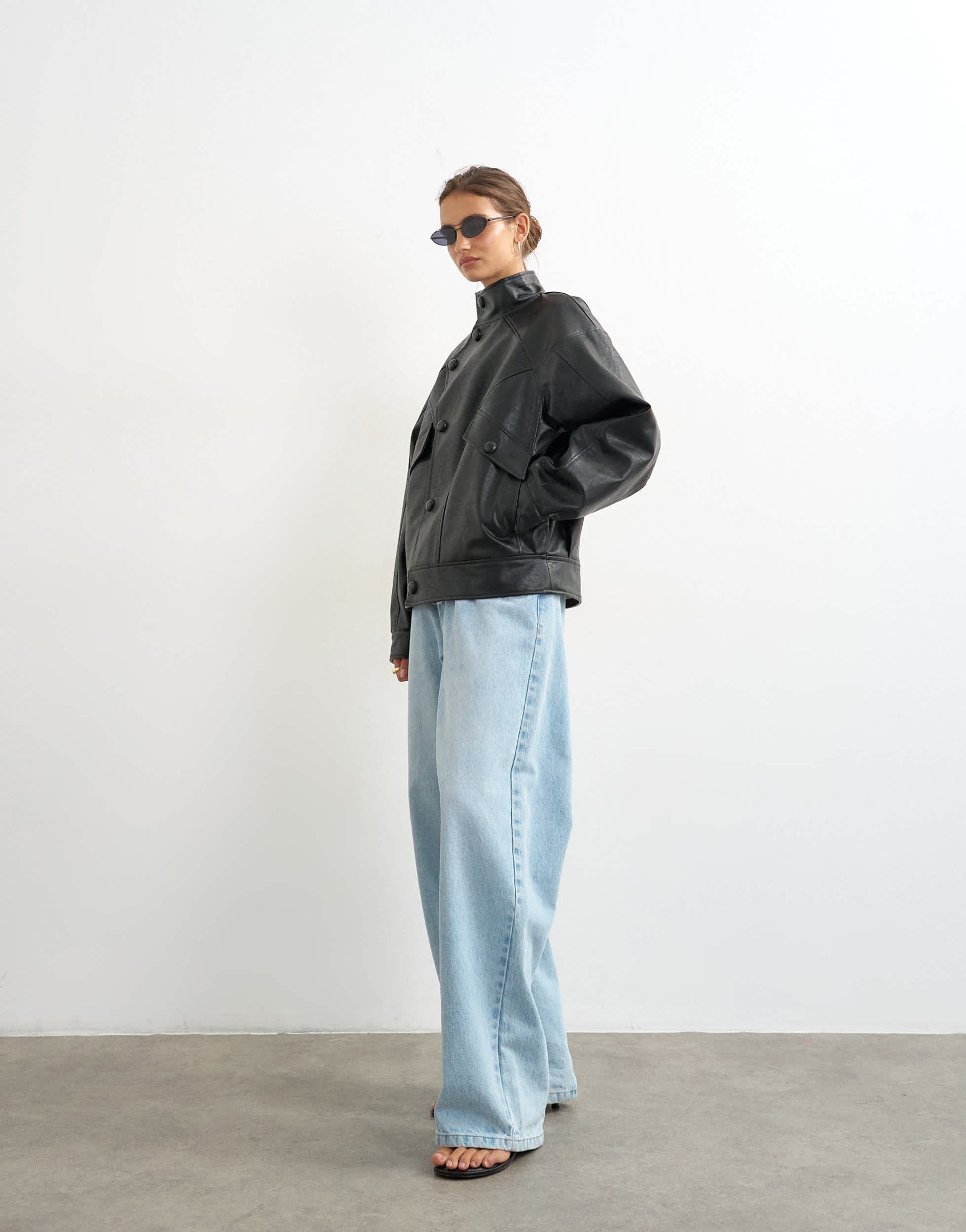 Topshop oversized faux leather funnel button through jacket in black