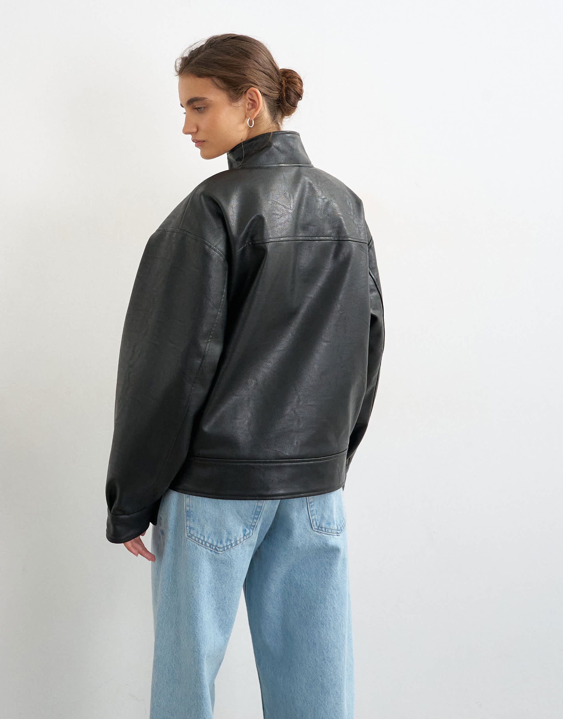 Topshop oversized faux leather funnel button through jacket in black