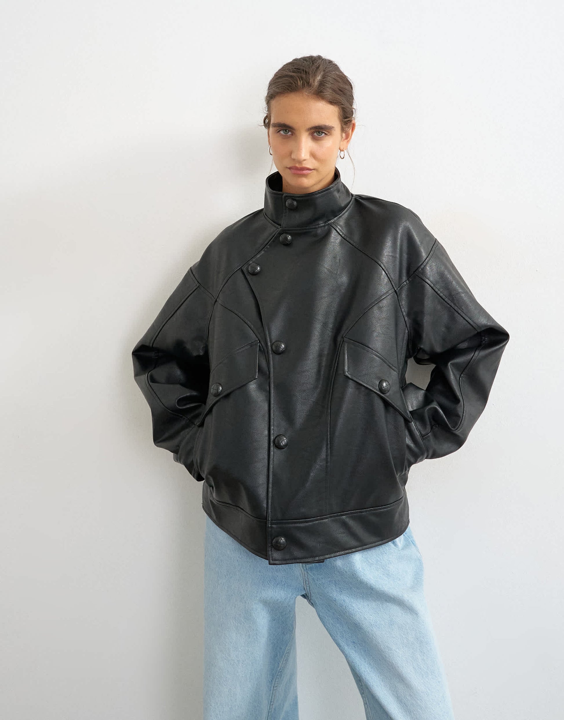 Topshop faux leather funnel button through jacket in black