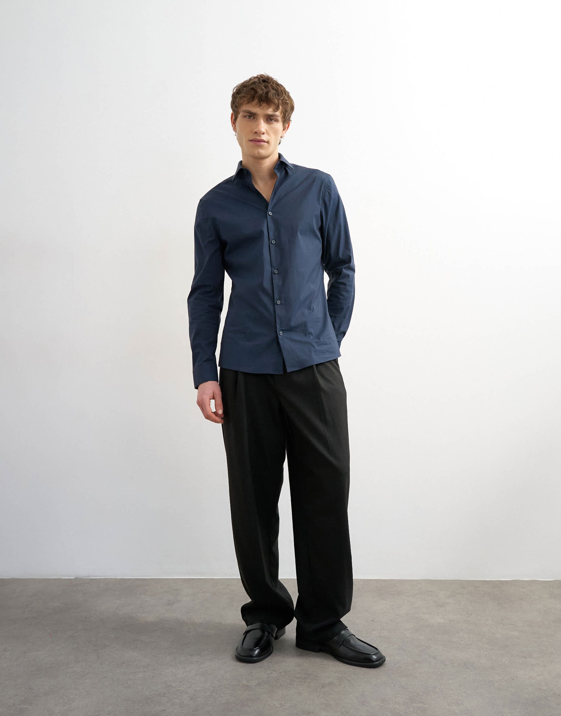 Topman slim fit long sleeve formal stretch shirt in navy