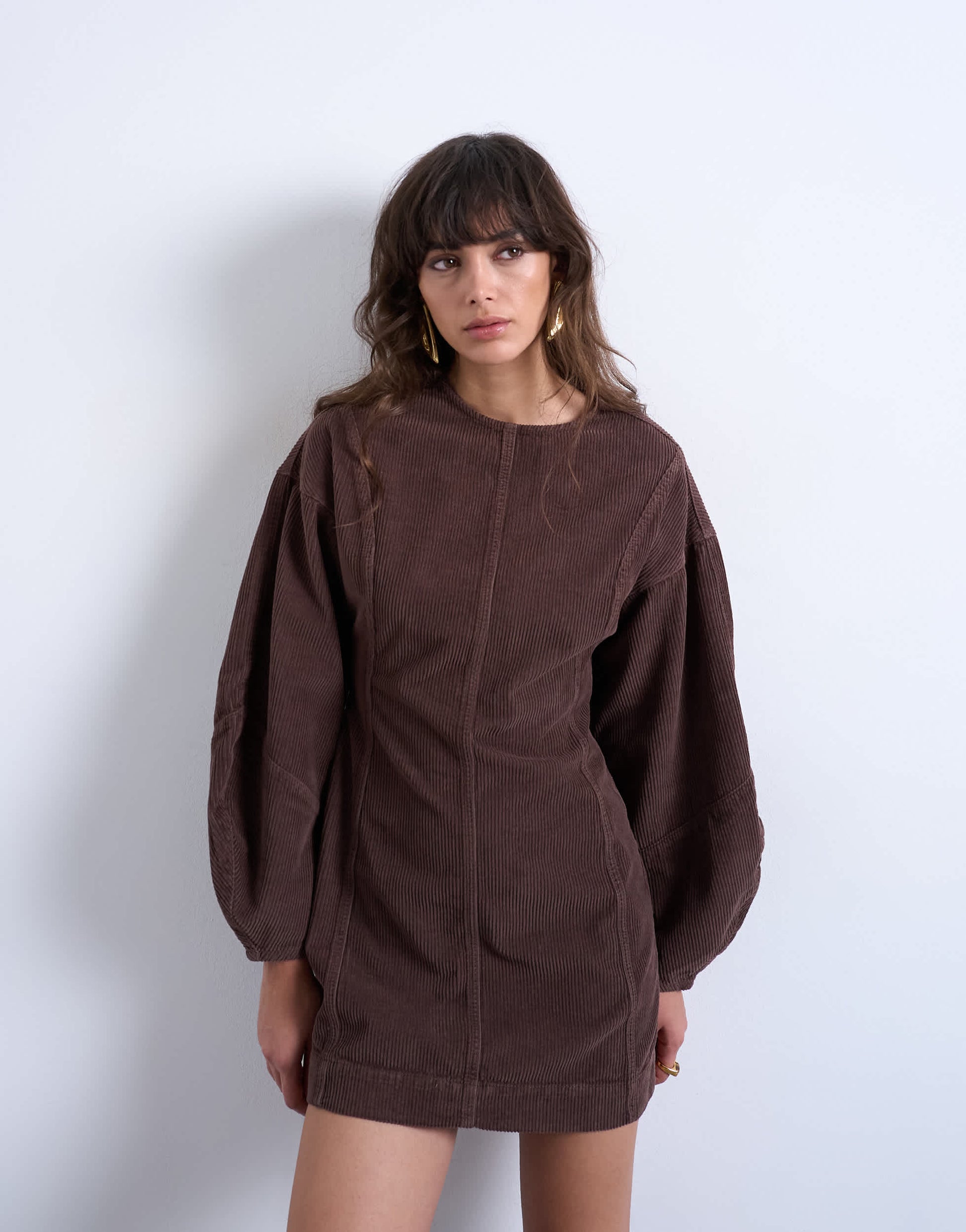 Topshop denim ovoid sleeve mini dress in otter cord