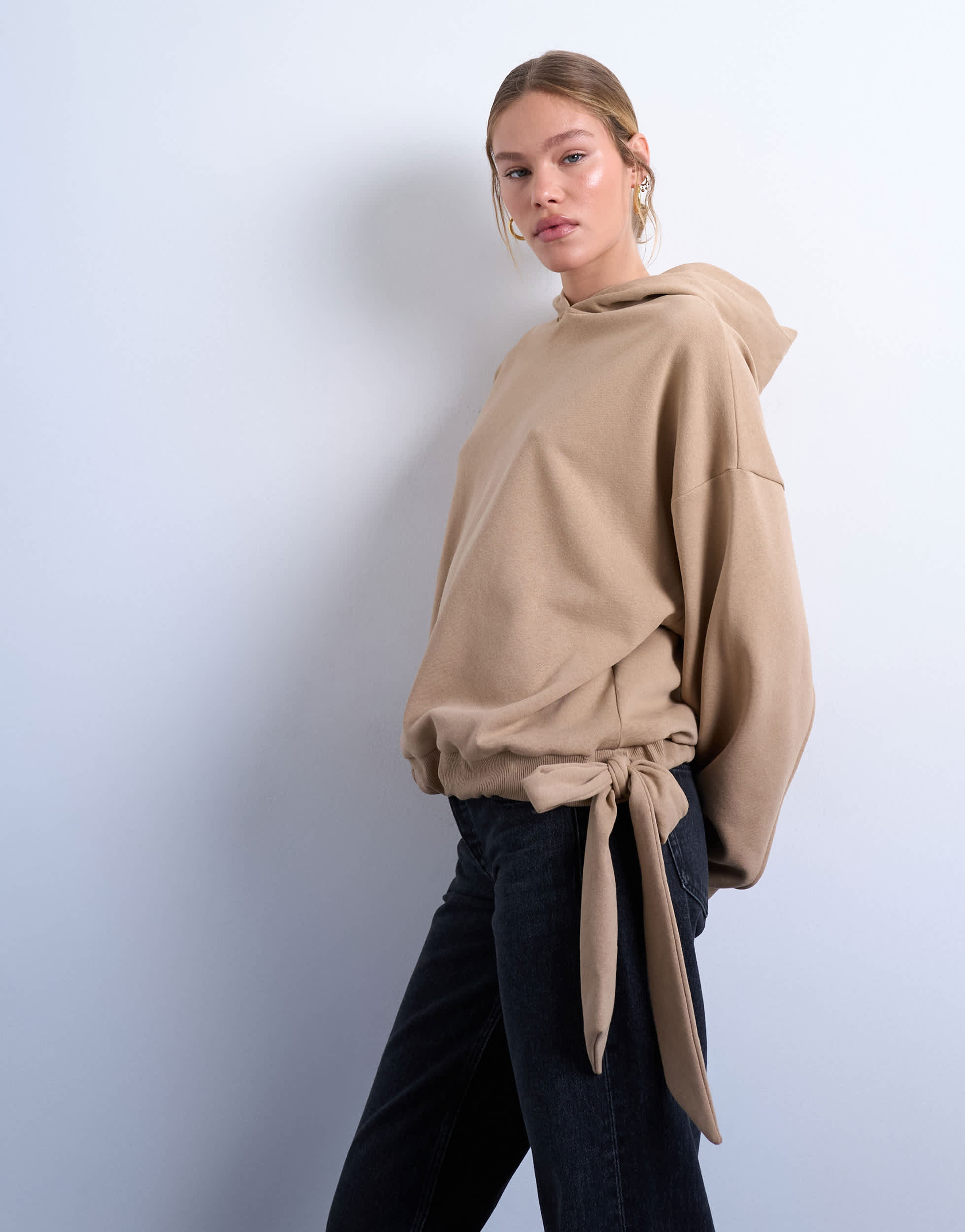 Topshop seam detail tie hem hoodie in tan
