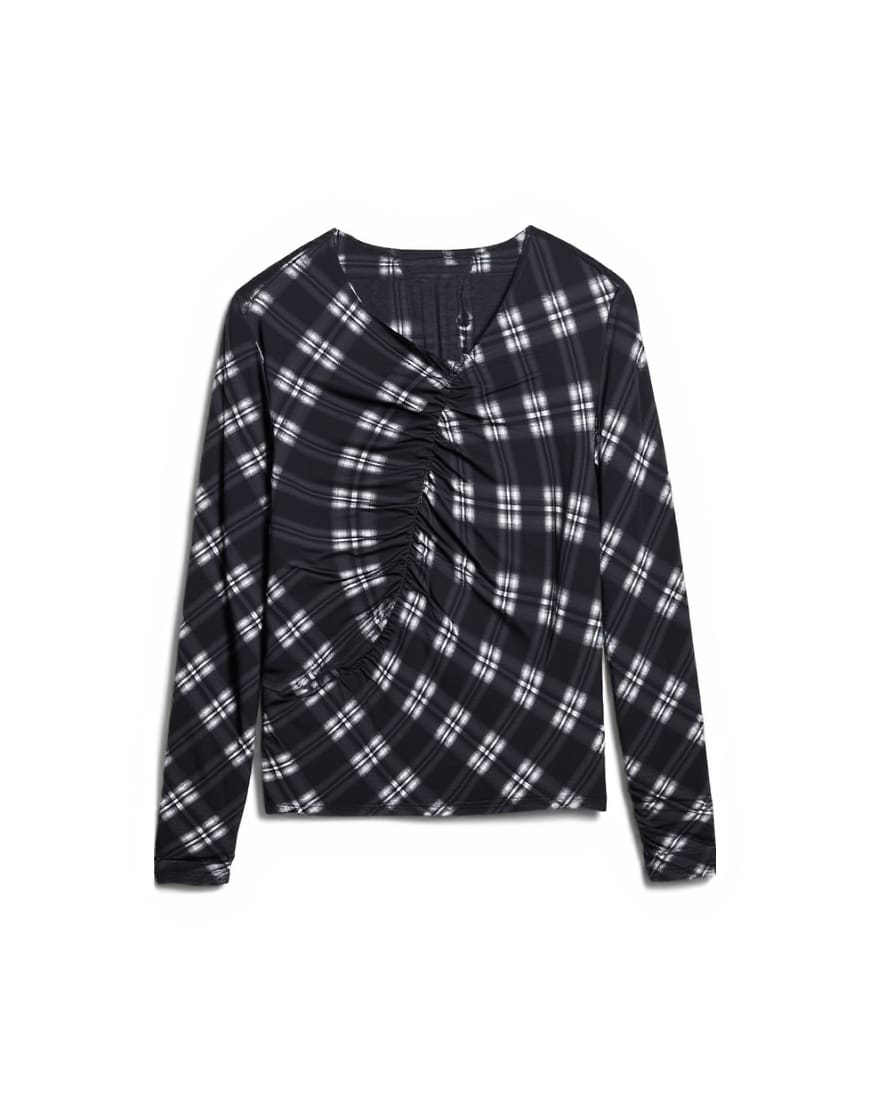 Topshop check print ruched asymmetric long sleeve top in black