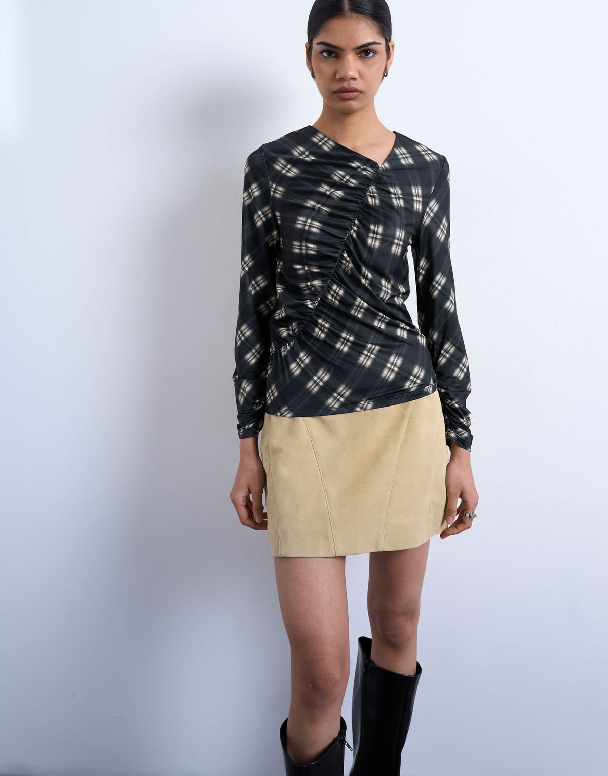 Topshop check print ruched asymmetric long sleeve top in black