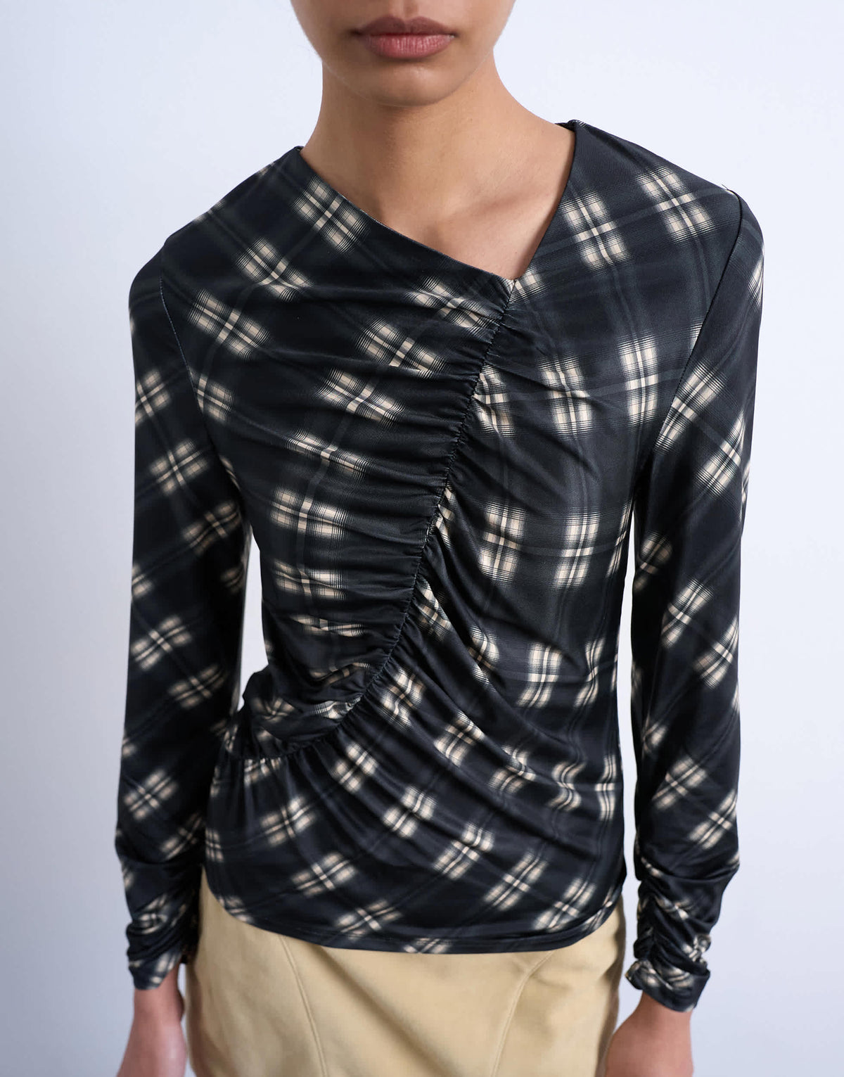 Topshop check print ruched asymmetric long sleeve top in black