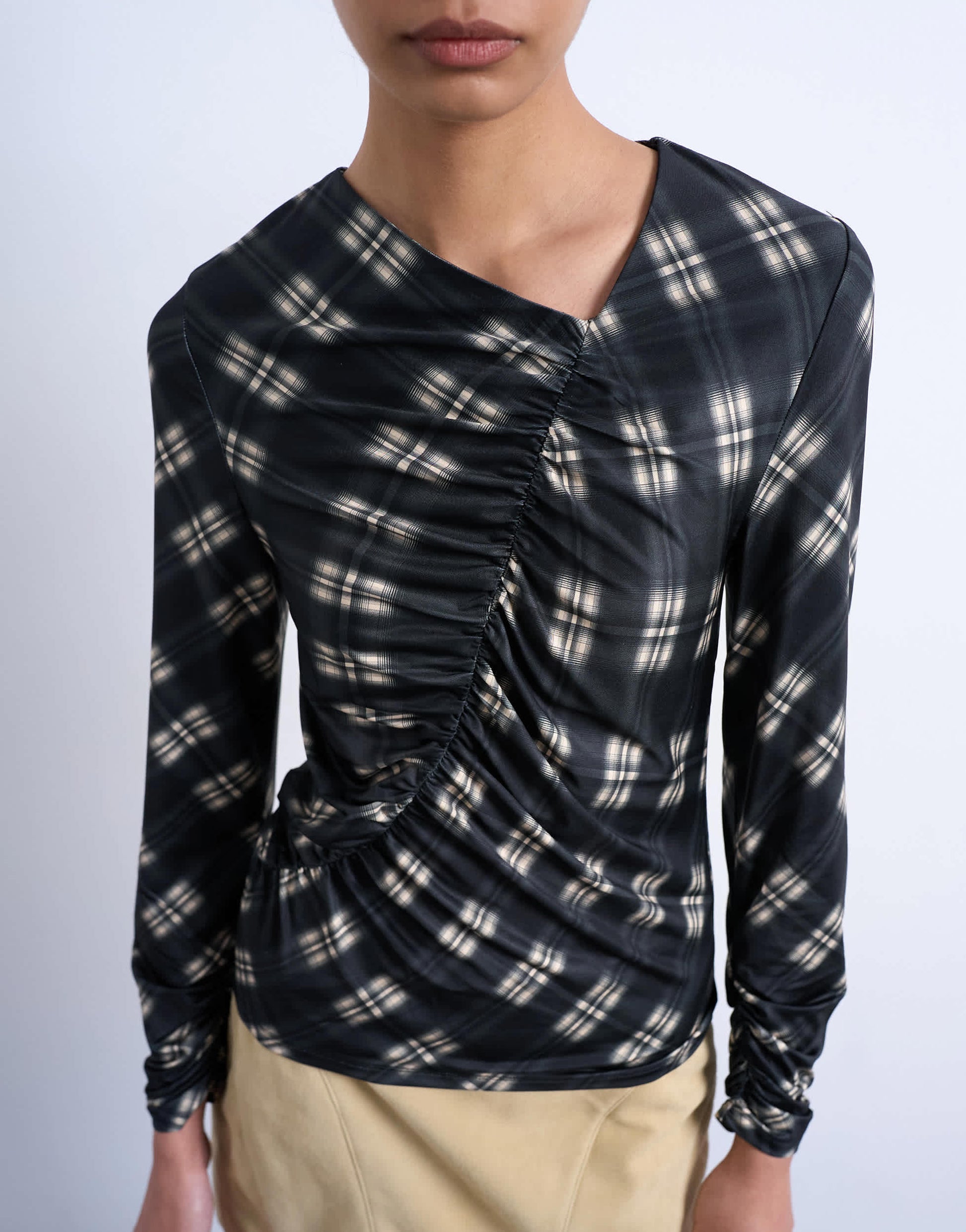 Topshop check print ruched asymmetric long sleeve top in black
