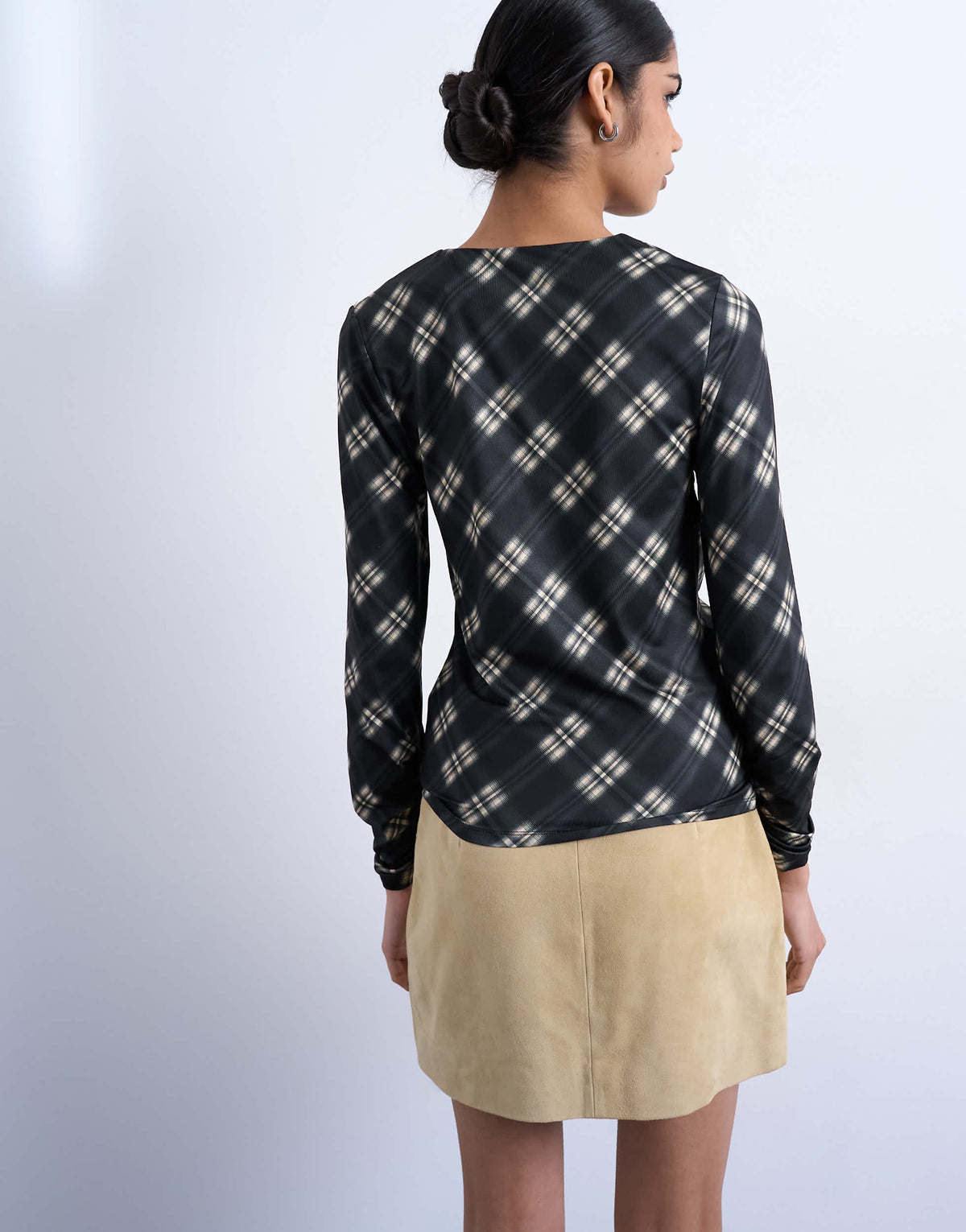 Topshop check print ruched asymmetric long sleeve top in black
