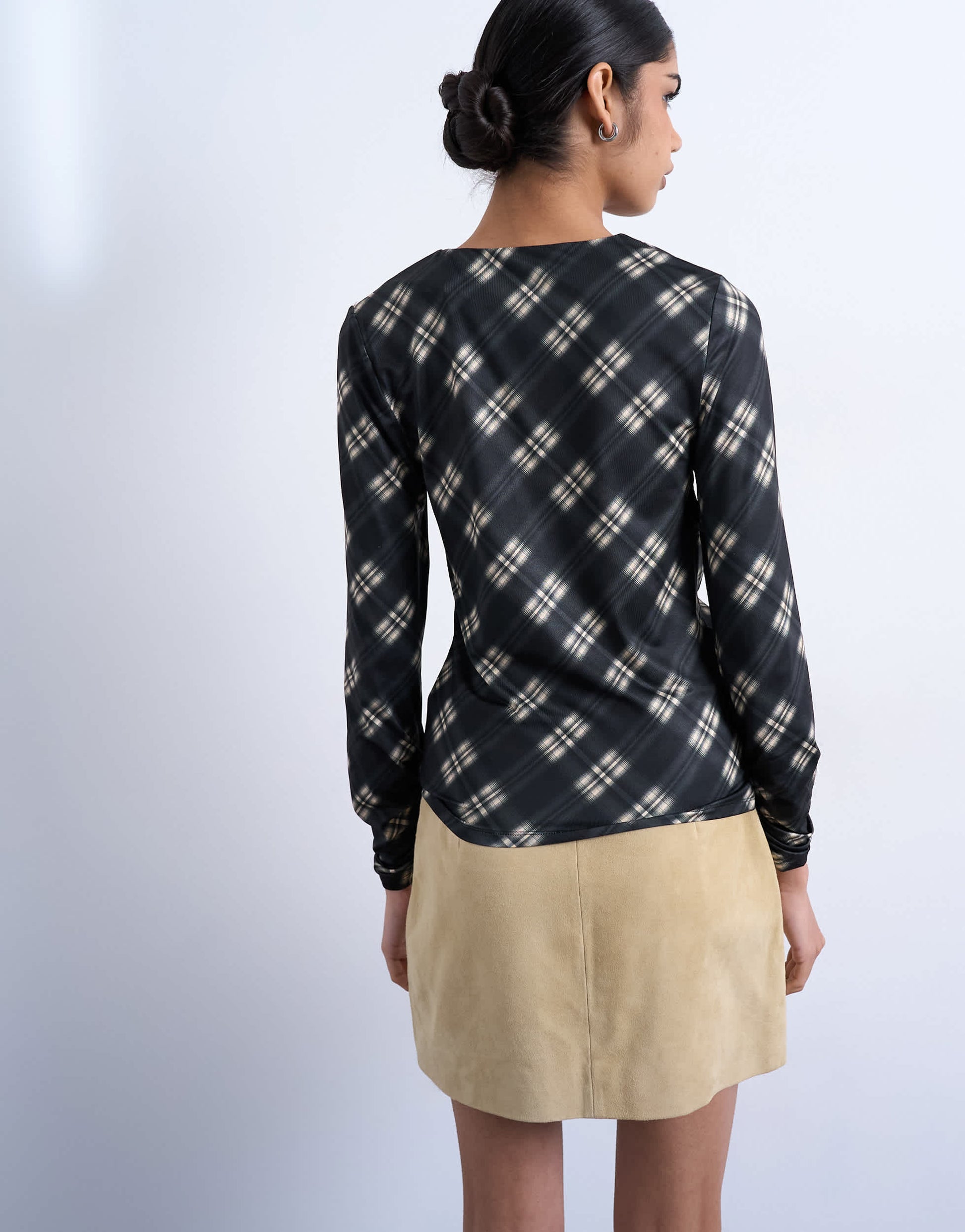 Topshop check print ruched asymmetric long sleeve top in black