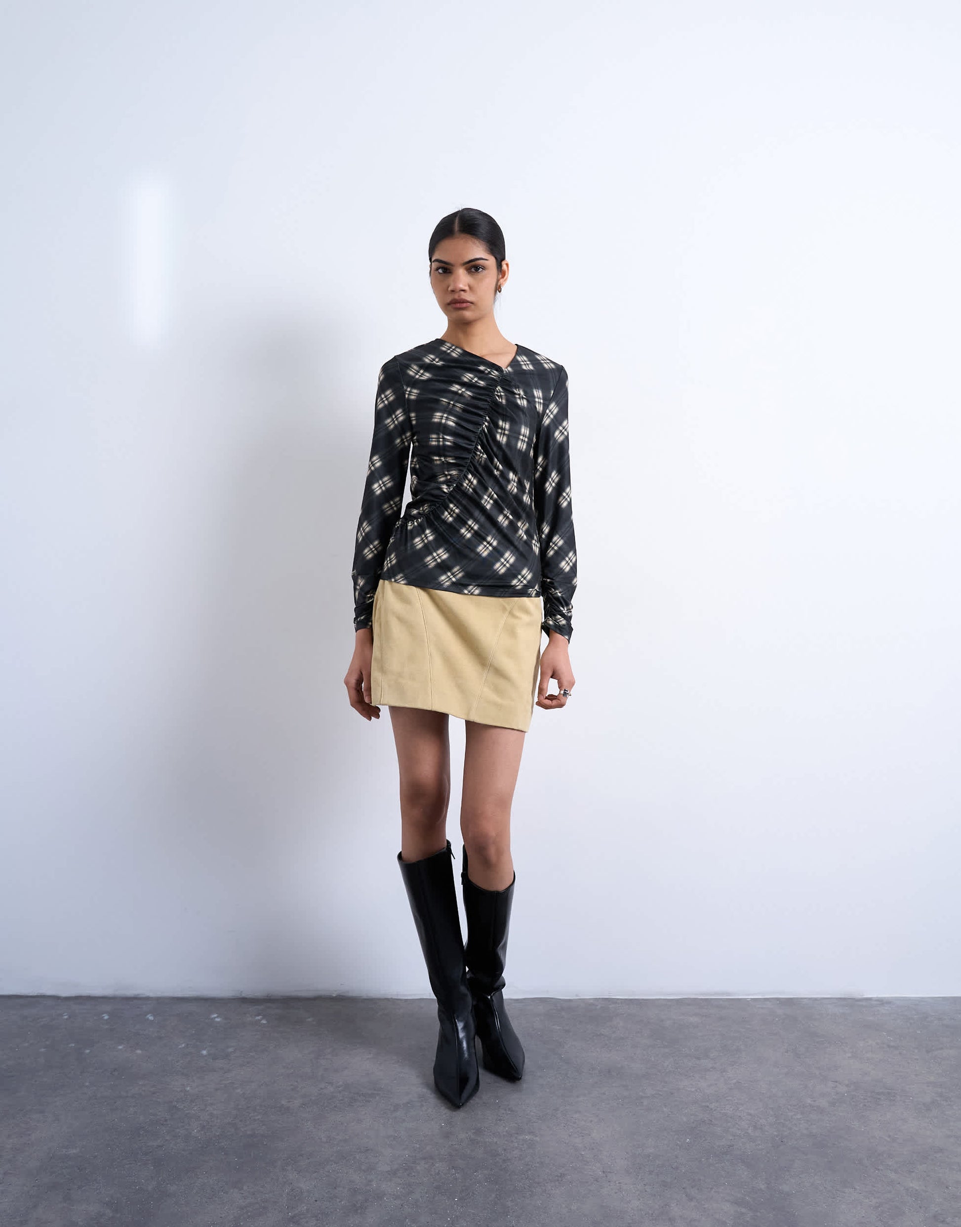Topshop check print ruched asymmetric long sleeve top in black