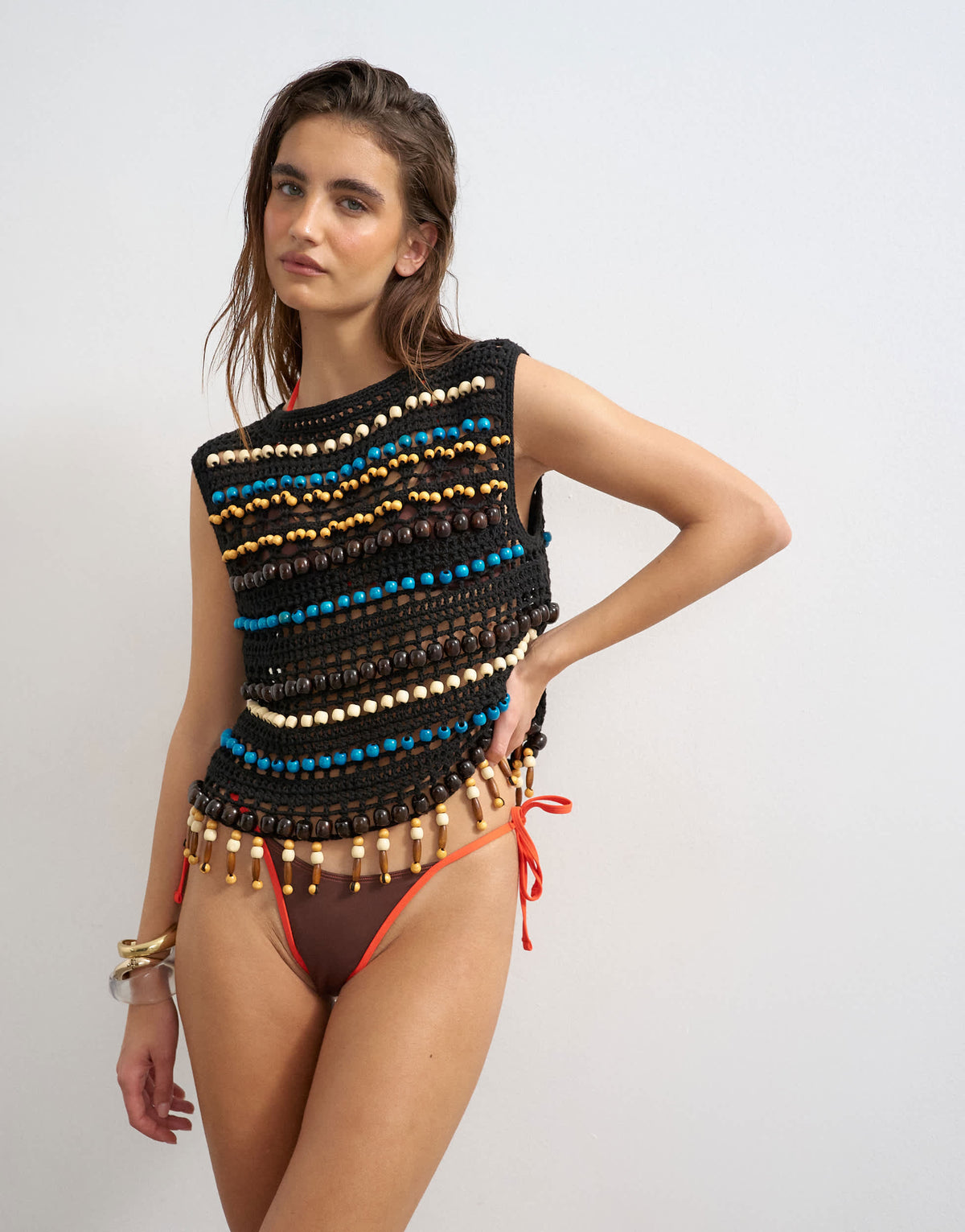 Topshop Ibiza cheeky high leg bikini bottom in chocolate and orange