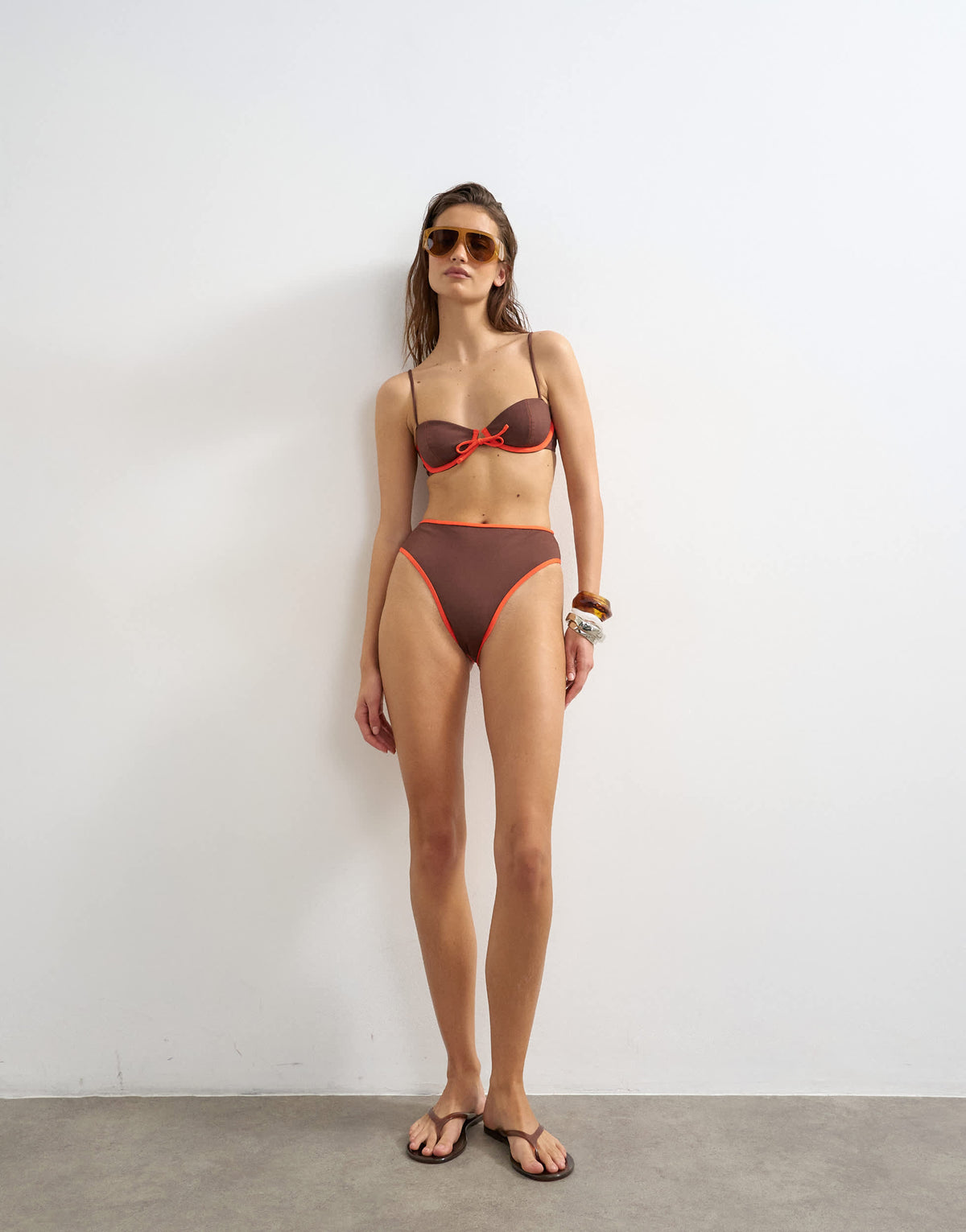 Topshop Ibiza high waisted bikini bottom in chocolate and orange