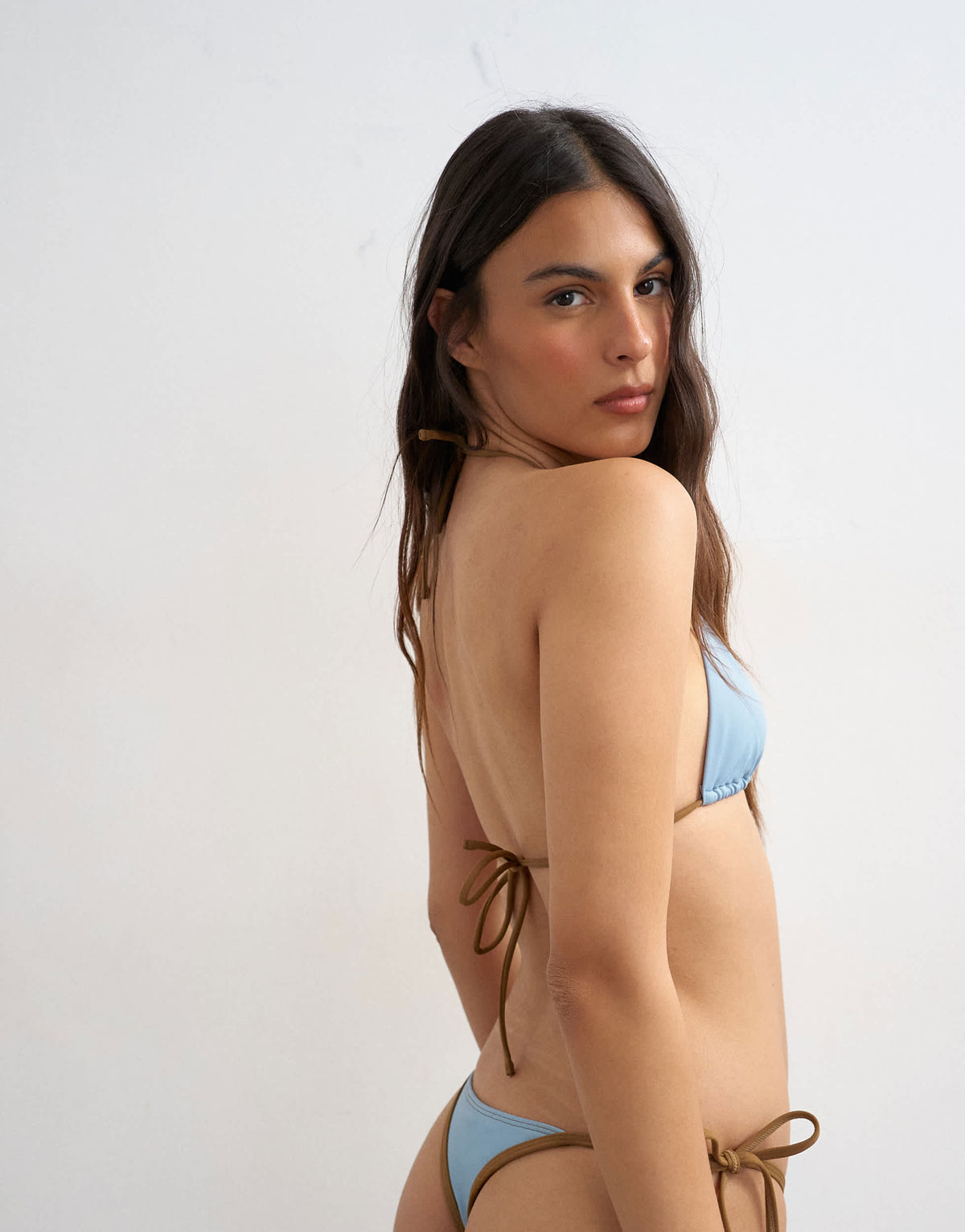 Topshop Ibiza triangle bikini top in dusty blue and camel