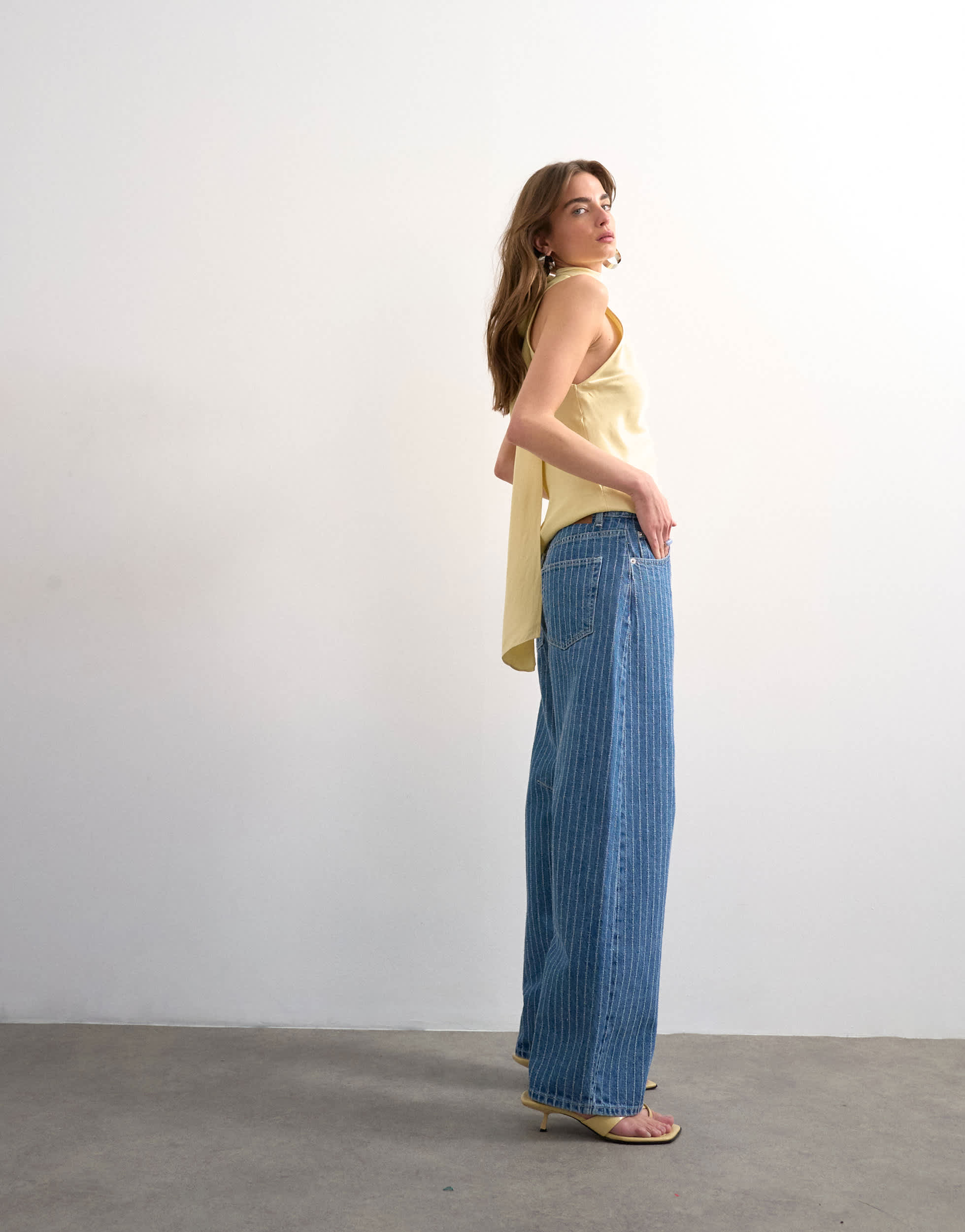 Topshop Barrel mid rise jean in textured stripe in vintage blue