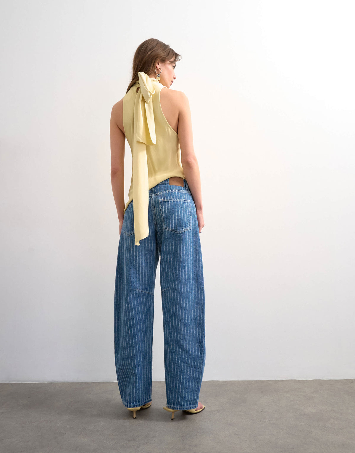 Topshop Barrel mid rise jean in textured stripe in vintage blue