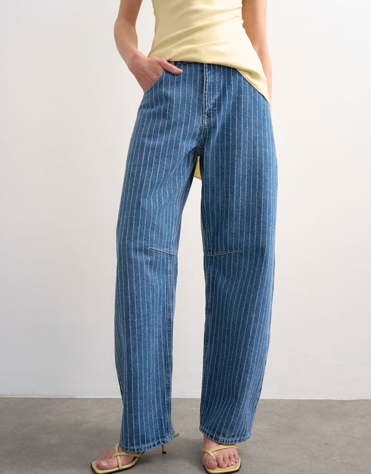 Topshop Barrel mid rise jean in textured stripe in vintage blue