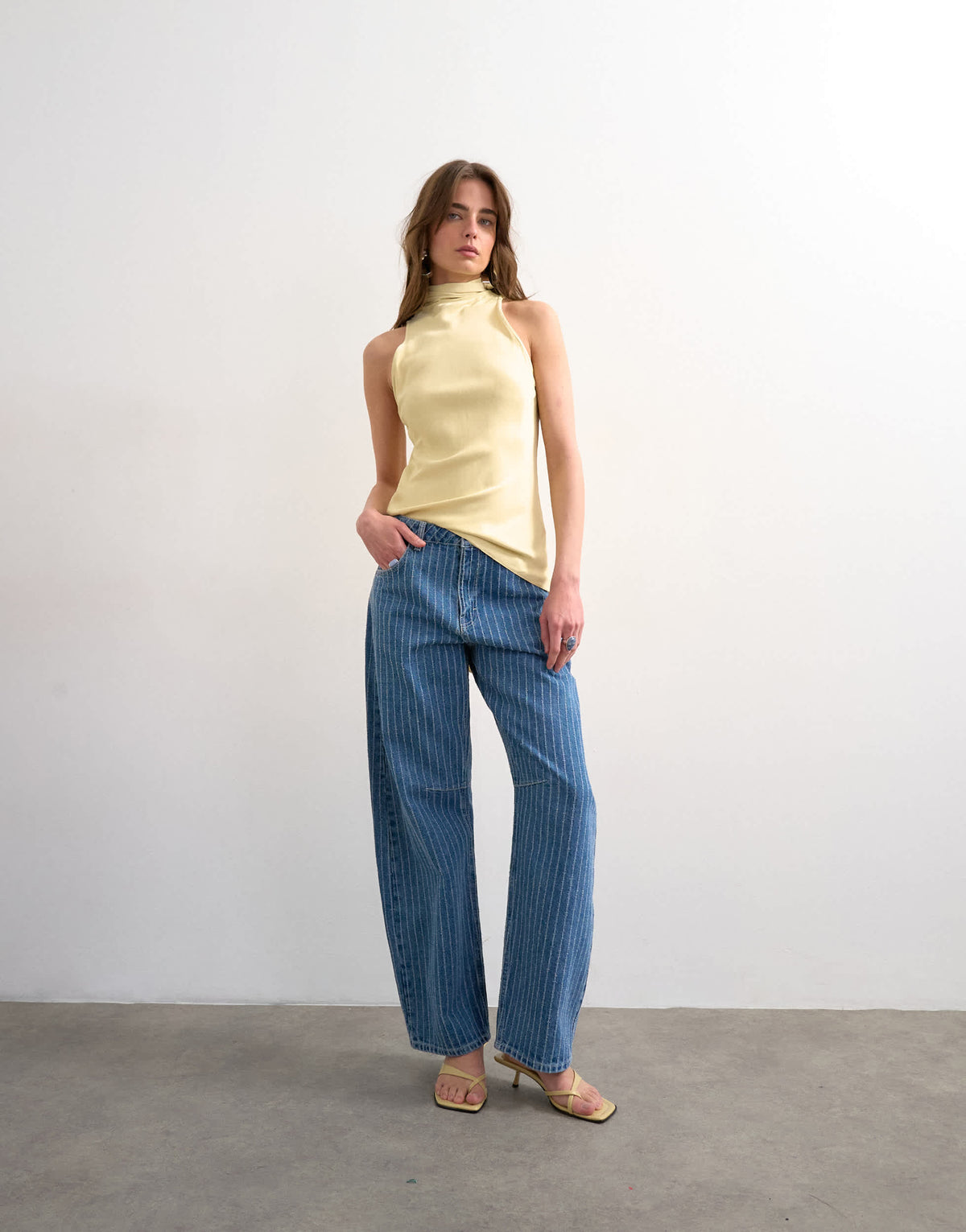 Topshop Barrel mid rise jean in textured stripe in vintage blue