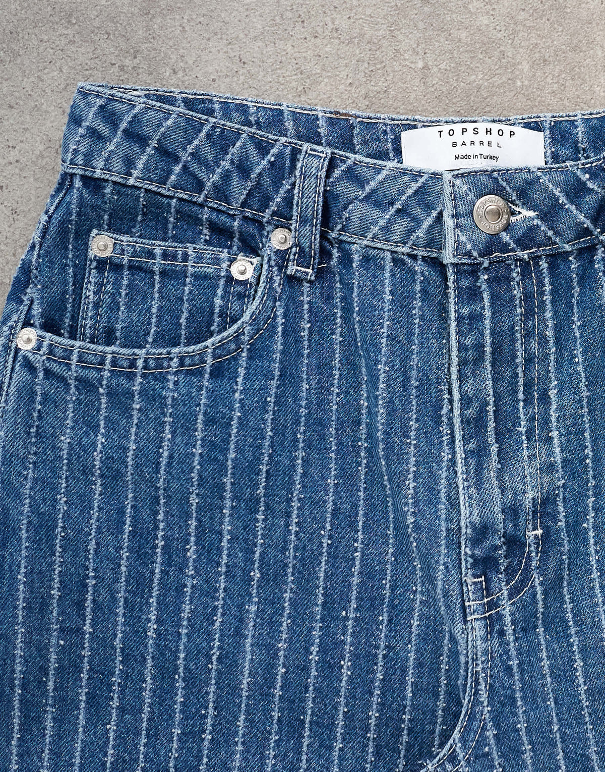 Topshop Barrel mid rise jean in textured stripe in vintage blue