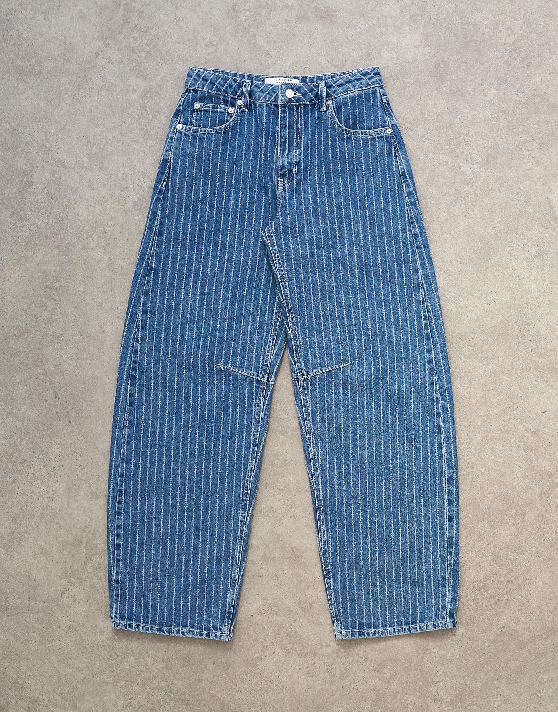 Topshop Barrel mid rise jean in textured stripe in vintage blue
