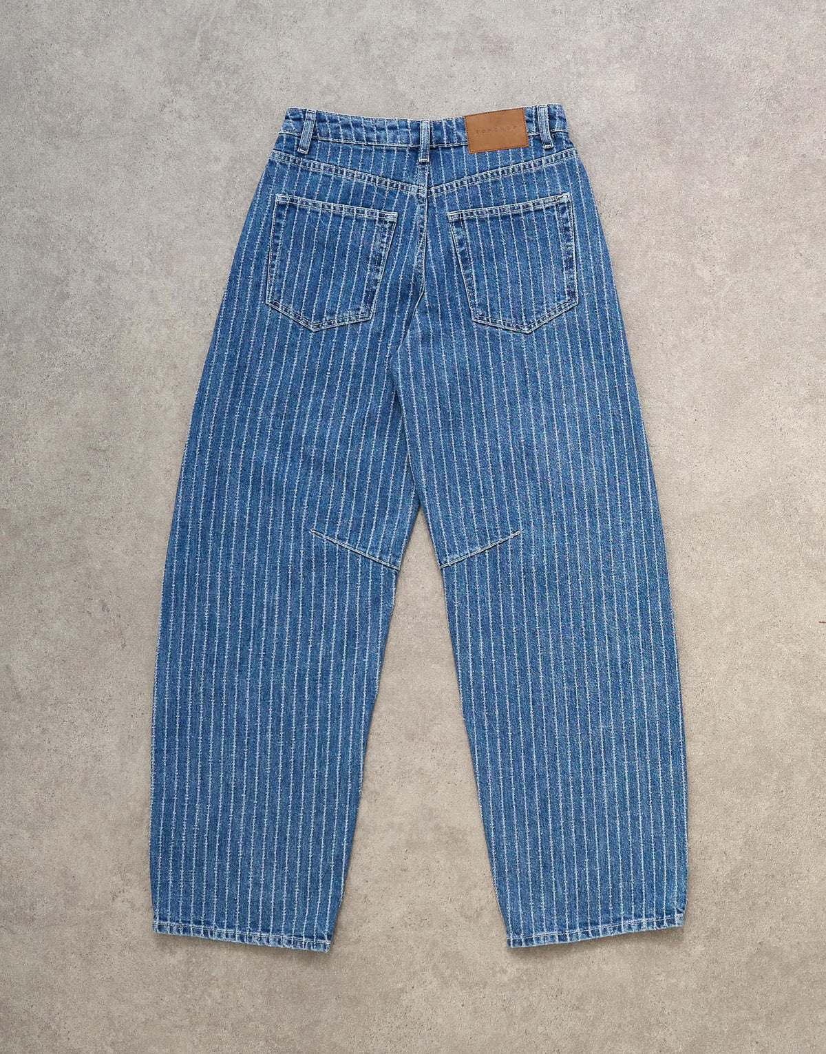 Topshop Barrel mid rise jean in textured stripe in vintage blue
