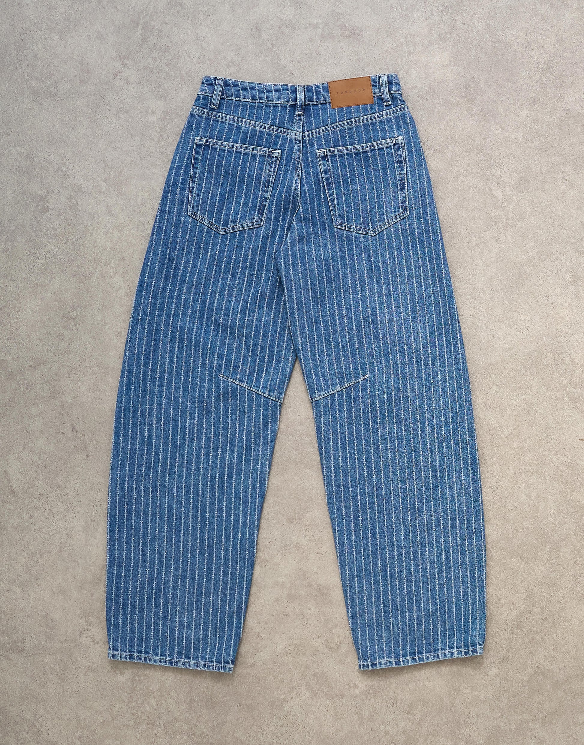 Topshop Barrel mid rise jean in textured stripe in vintage blue