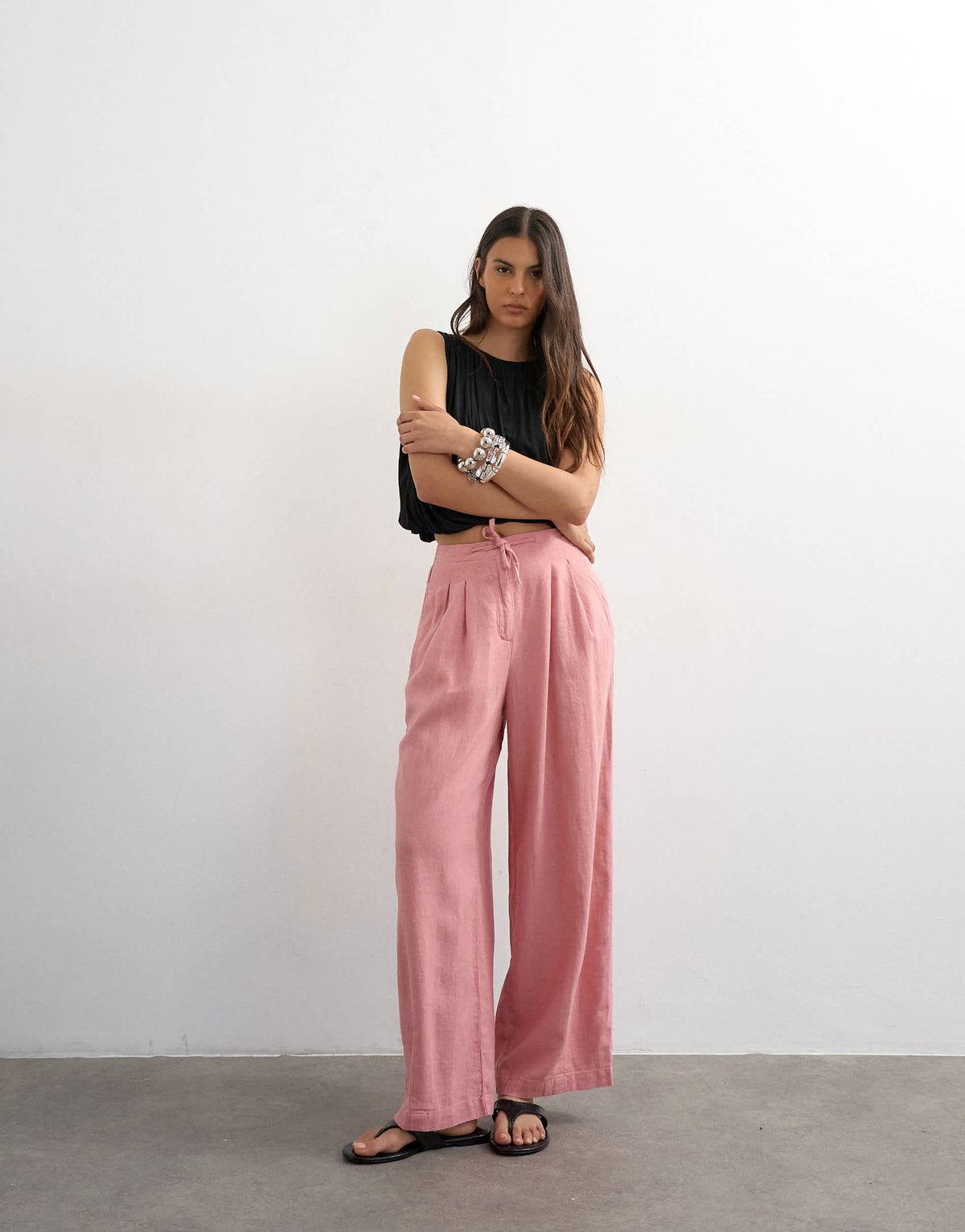 Topshop linen balloon trouser with tie waist in light pink
