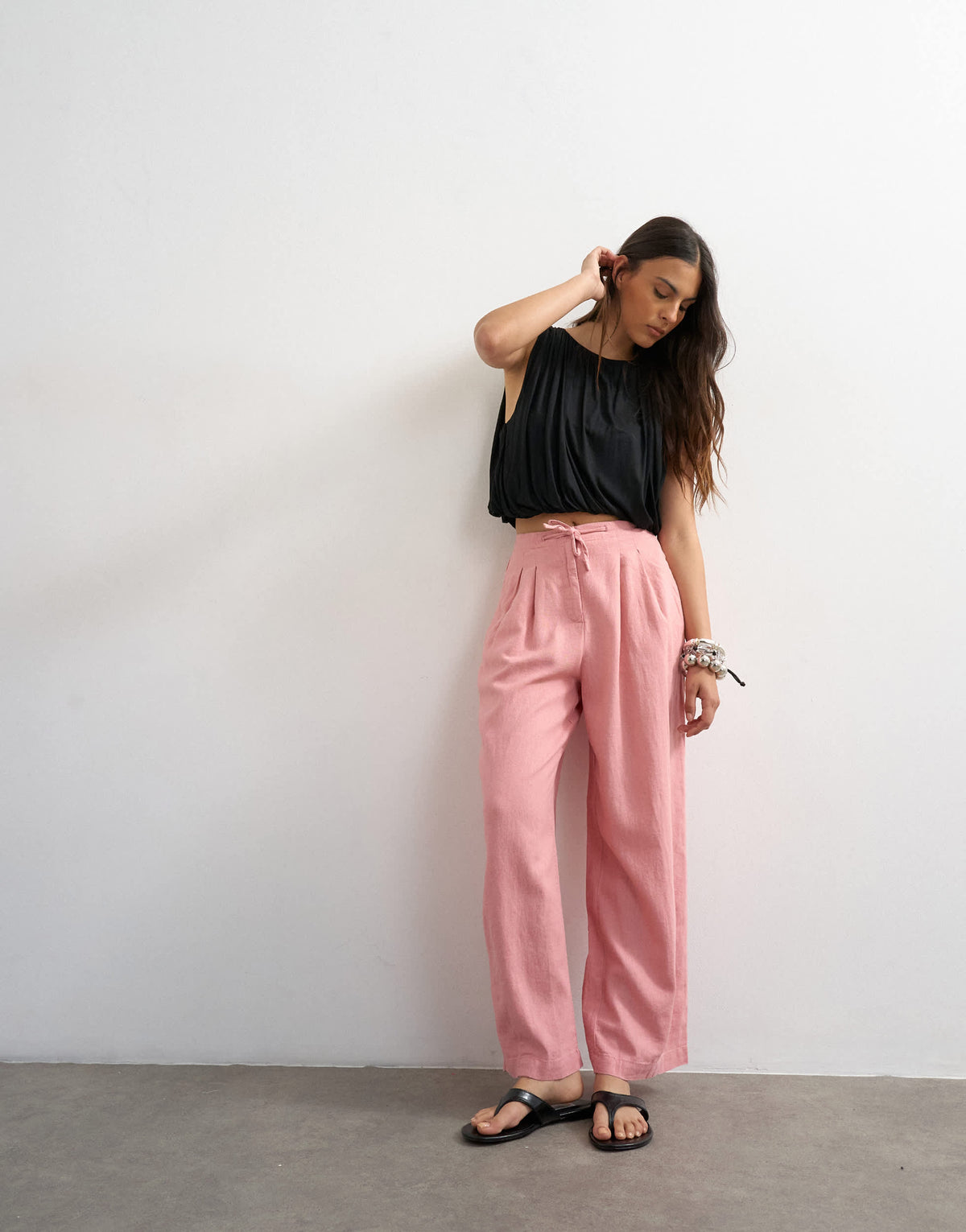 Topshop linen balloon trouser with tie waist in light pink