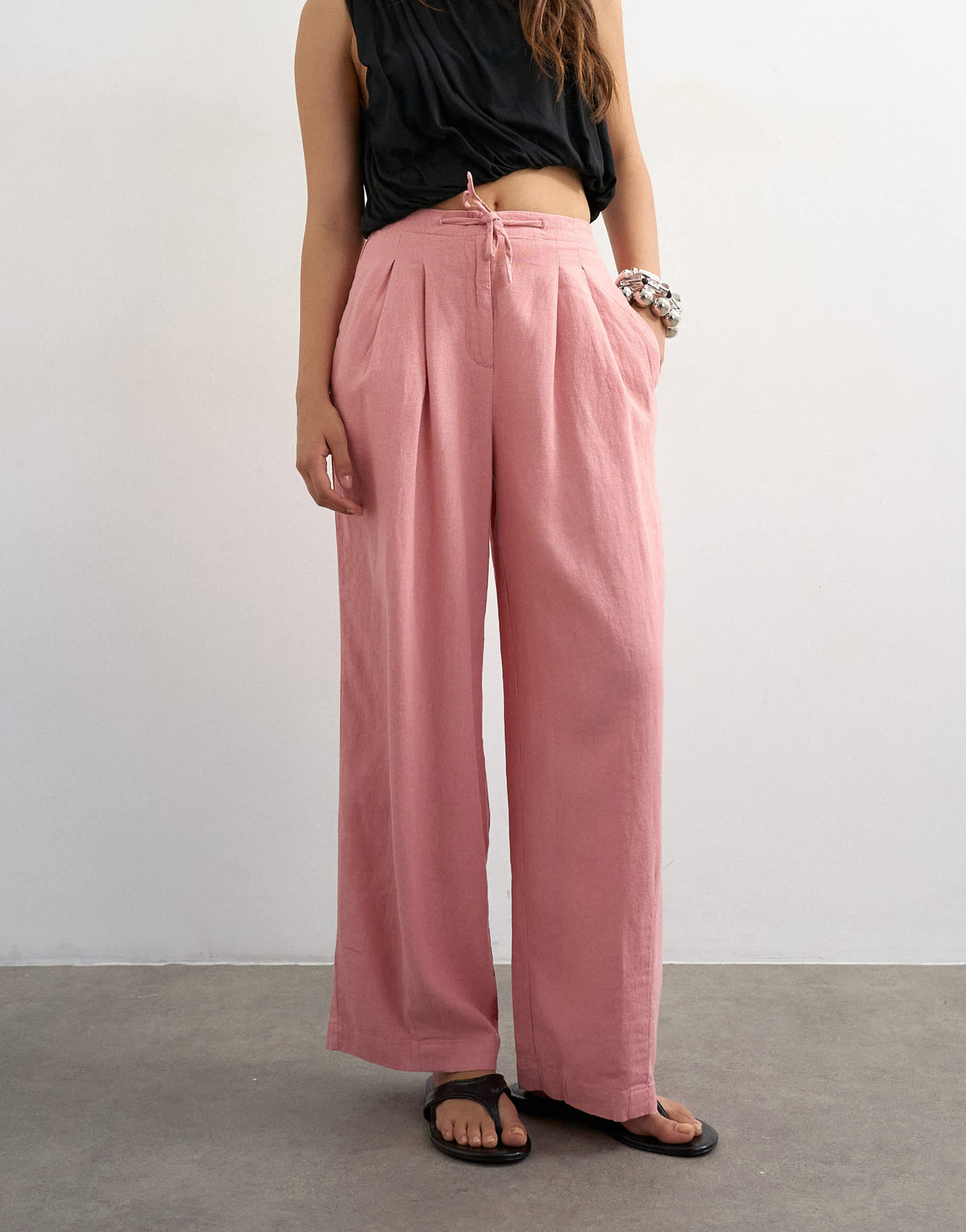 Topshop linen balloon trouser with tie waist in light pink