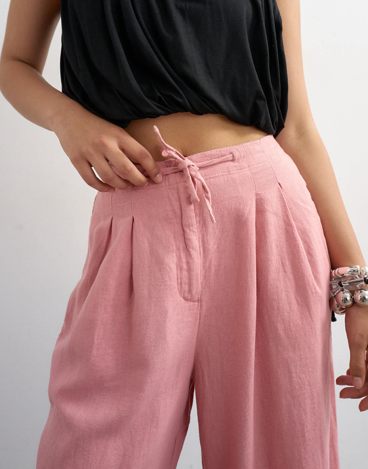 Topshop linen balloon trouser with tie waist in light pink