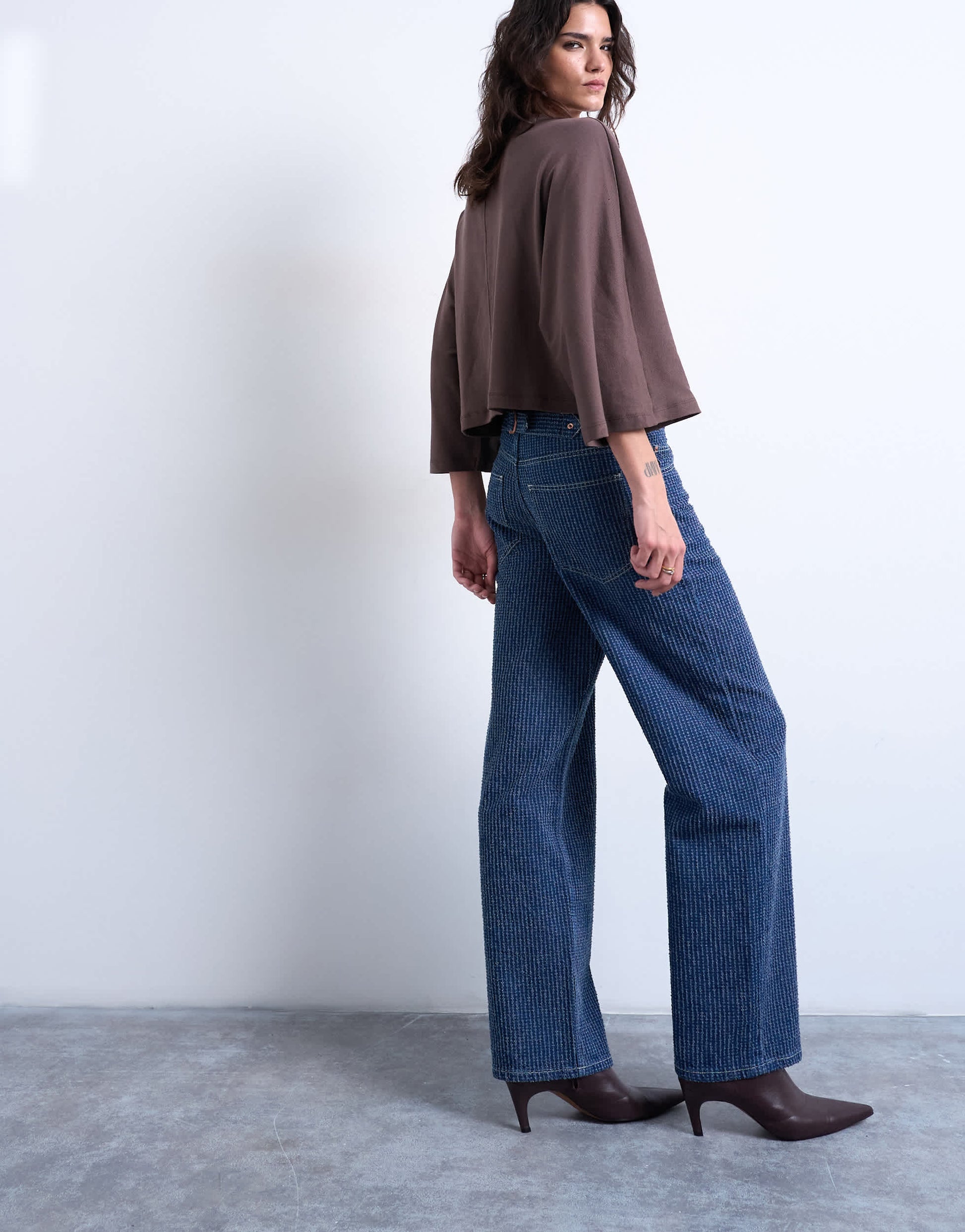 Topshop Cinch low rise jean in textured stripe detail indigo rinse