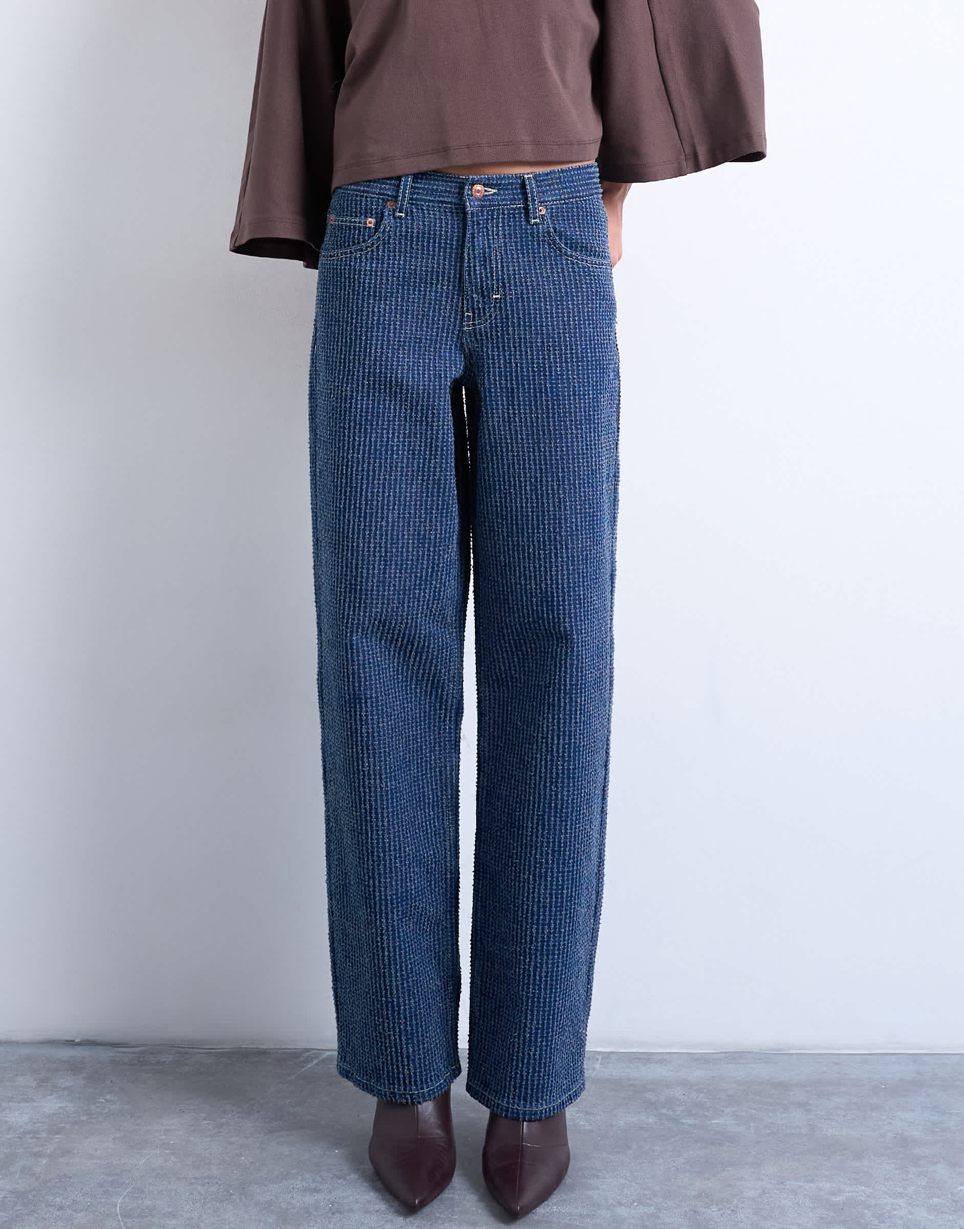 Topshop Cinch low rise jean in textured stripe detail indigo rinse