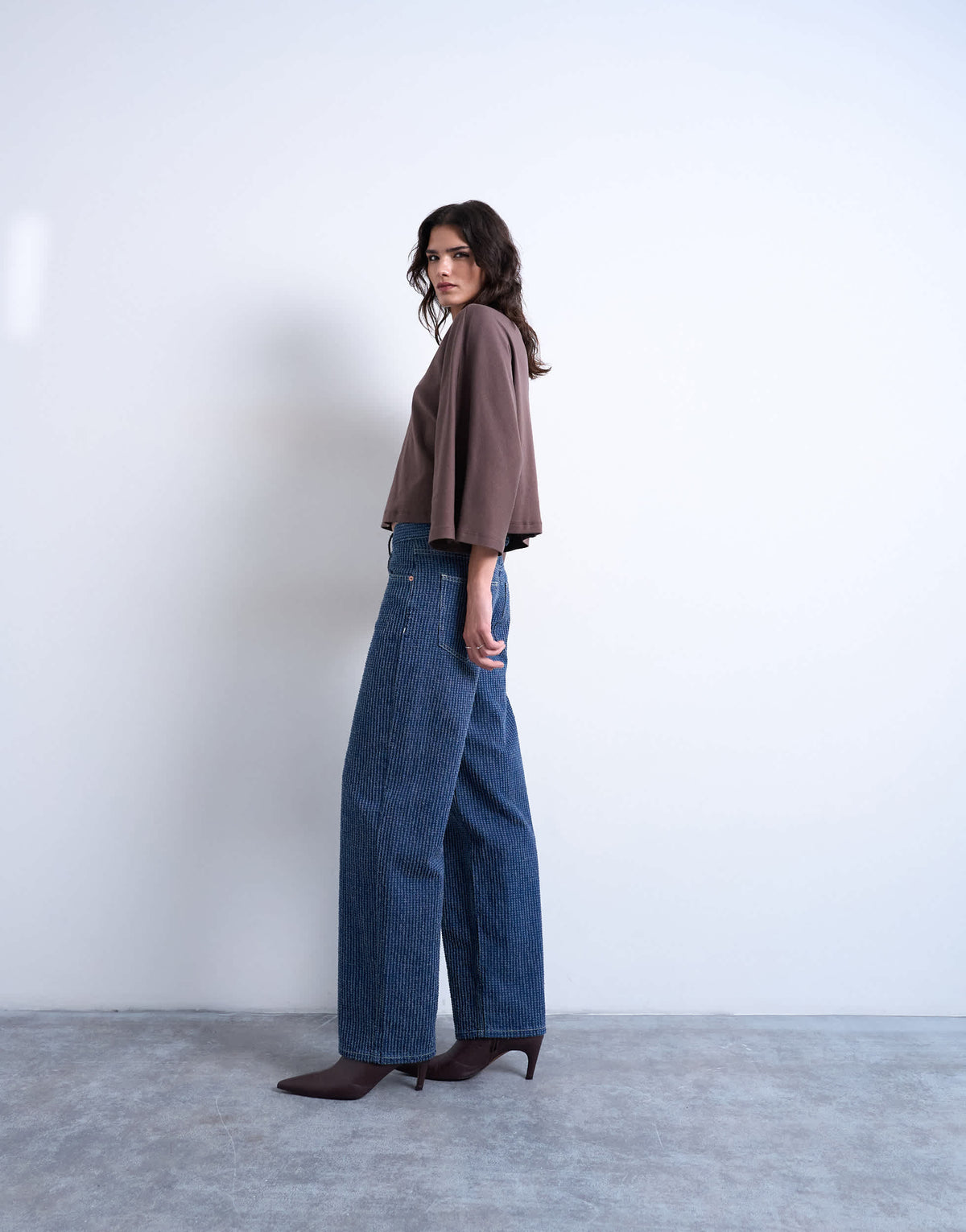Topshop Cinch low rise jean in textured stripe detail indigo rinse