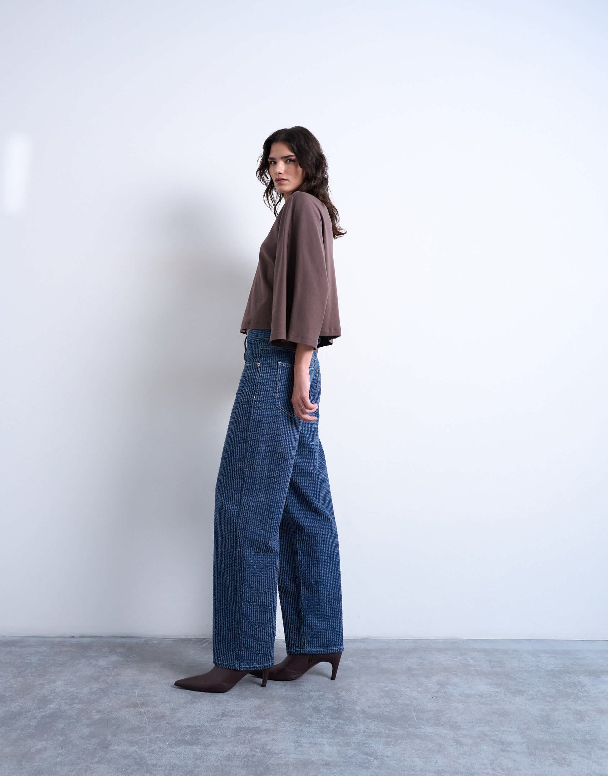 Topshop Cinch low rise jean in textured stripe detail indigo rinse
