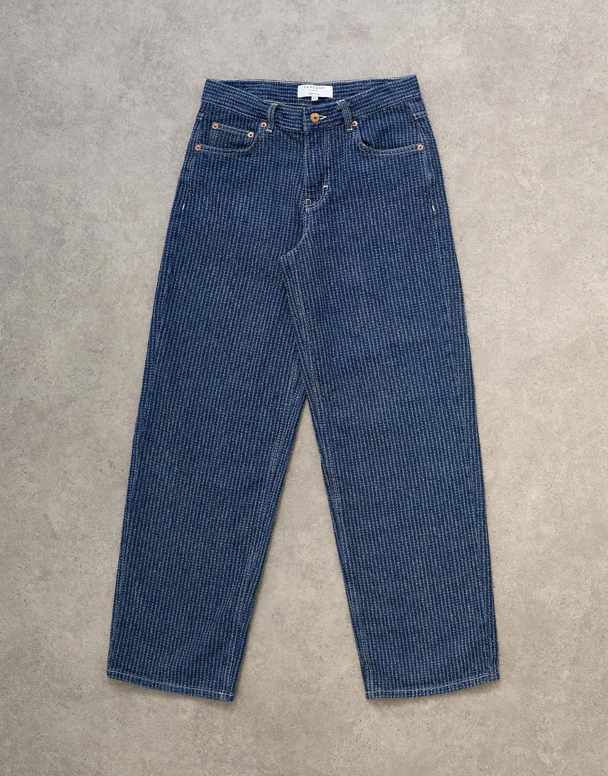 Topshop Cinch low rise jean in textured stripe detail indigo rinse