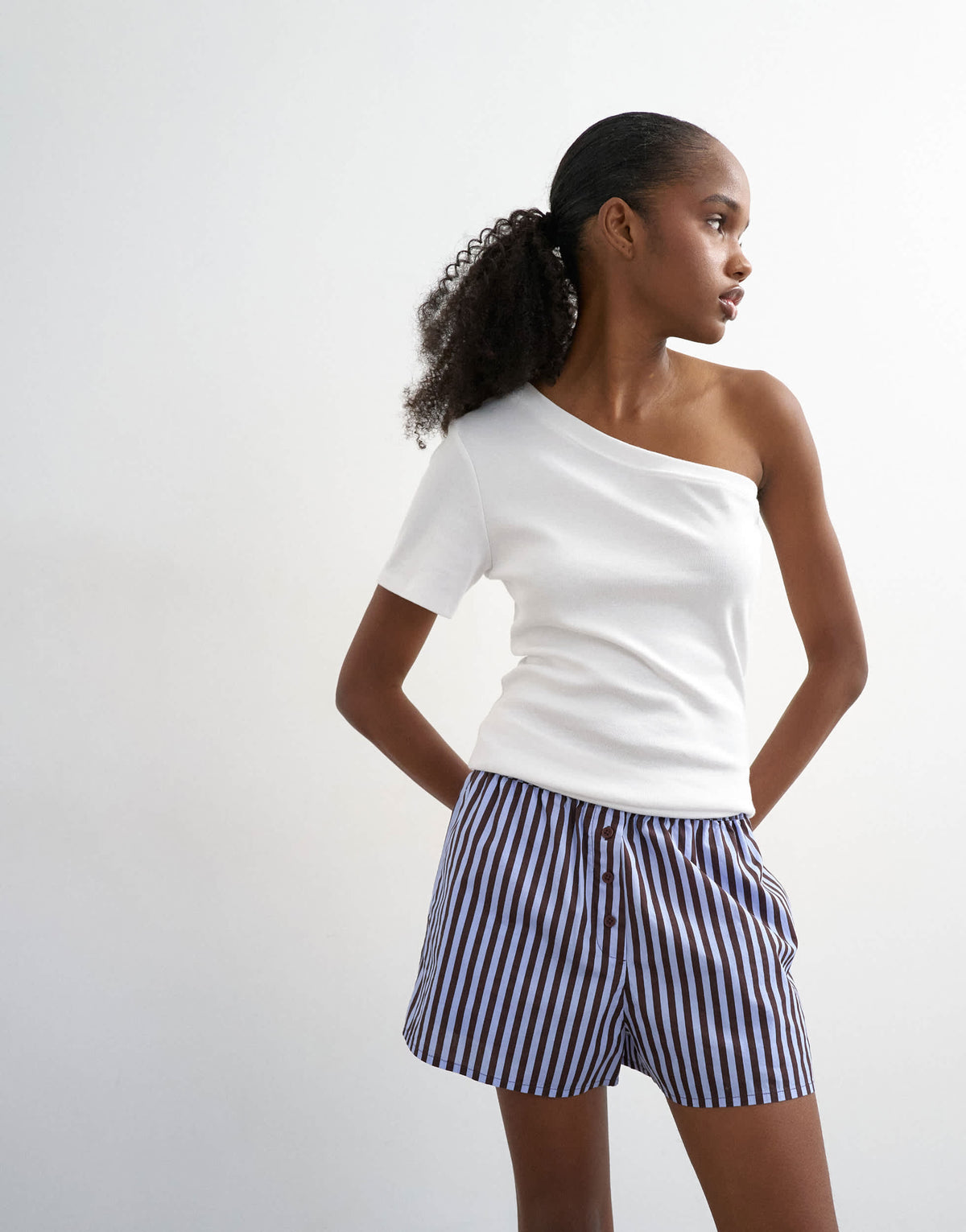Topshop poplin stripe A line boxer short in blue and choc