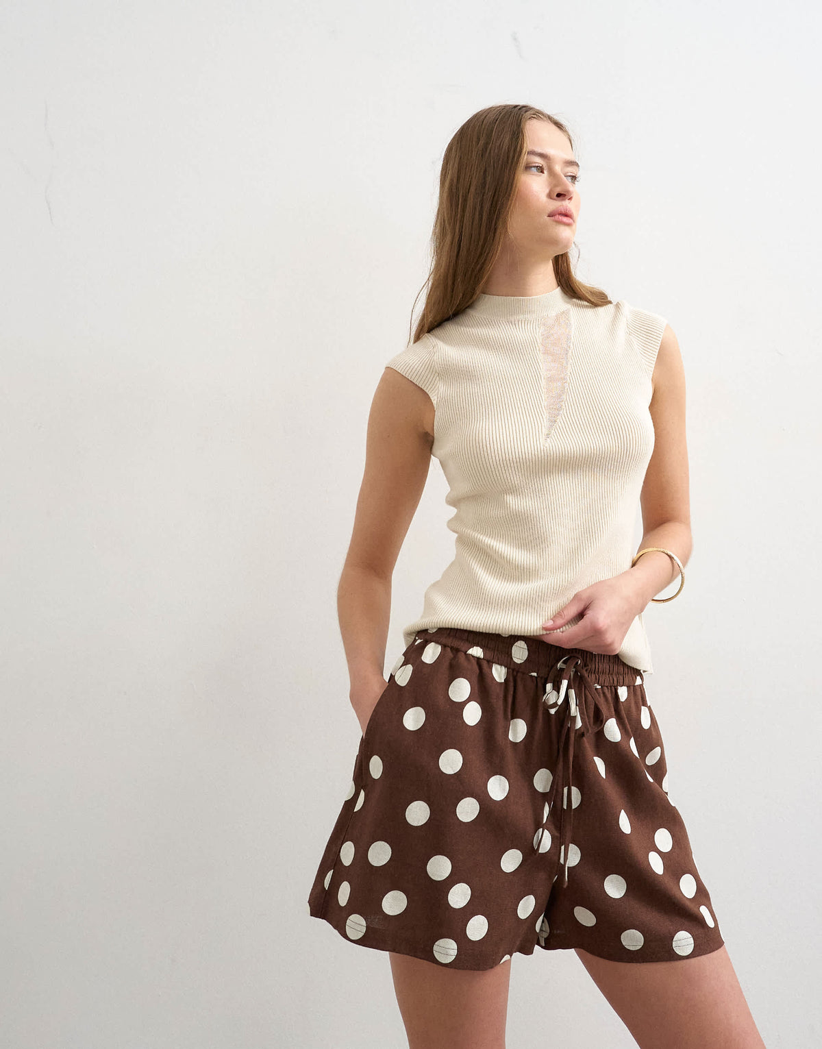 Topshop linen A line polka dot short in brown
