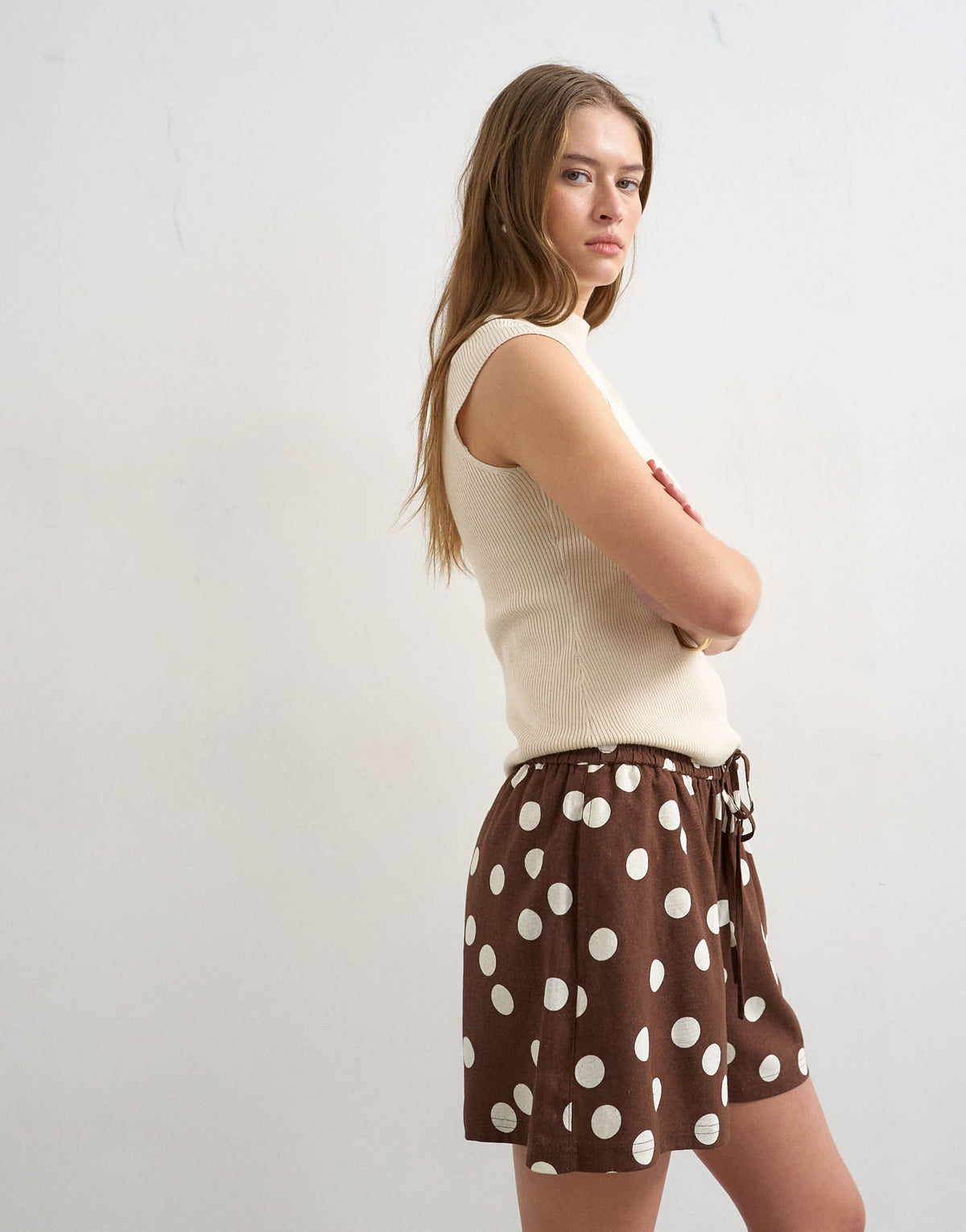 Topshop linen A line polka dot short in brown