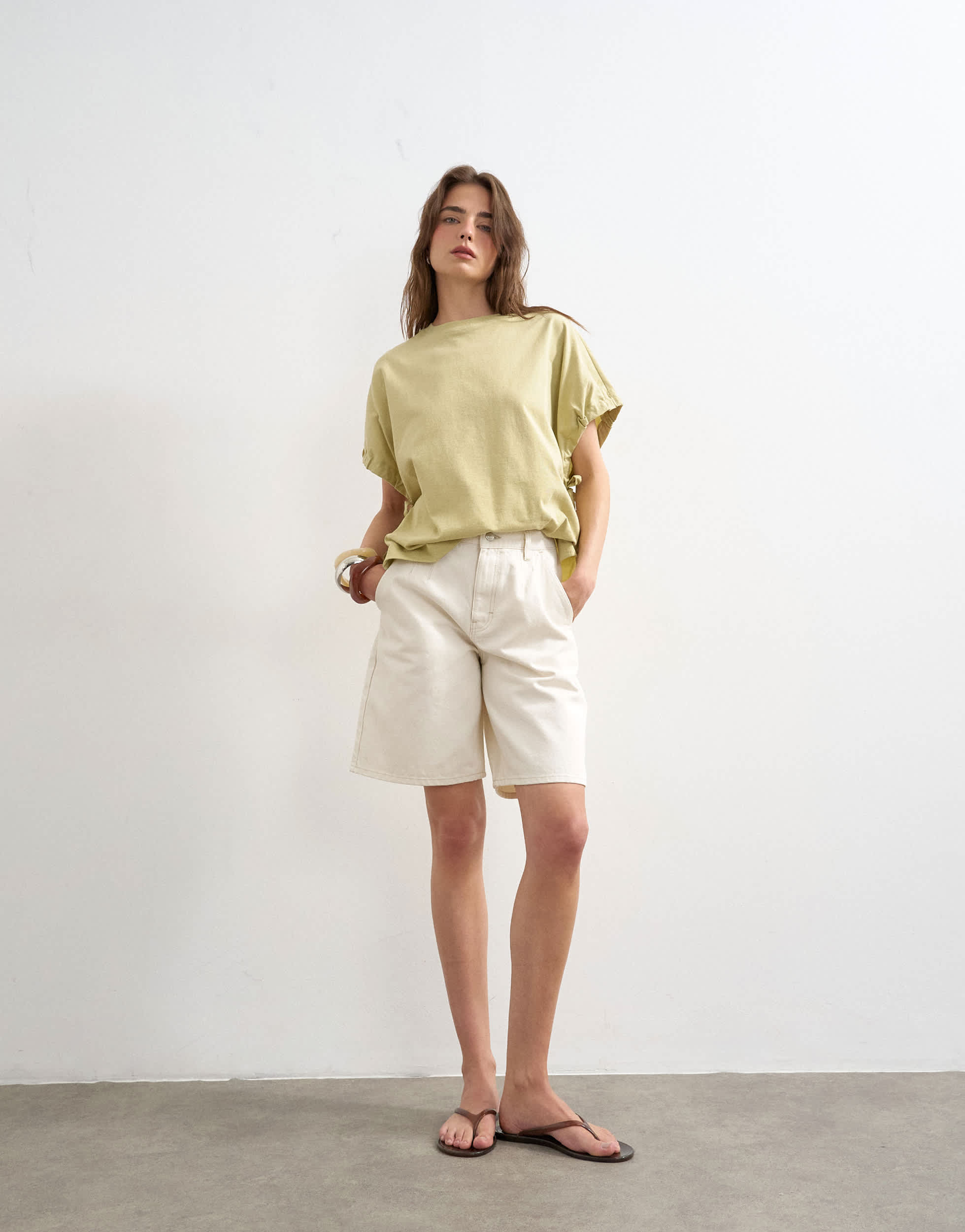 Topshop denim pleated longline short in white