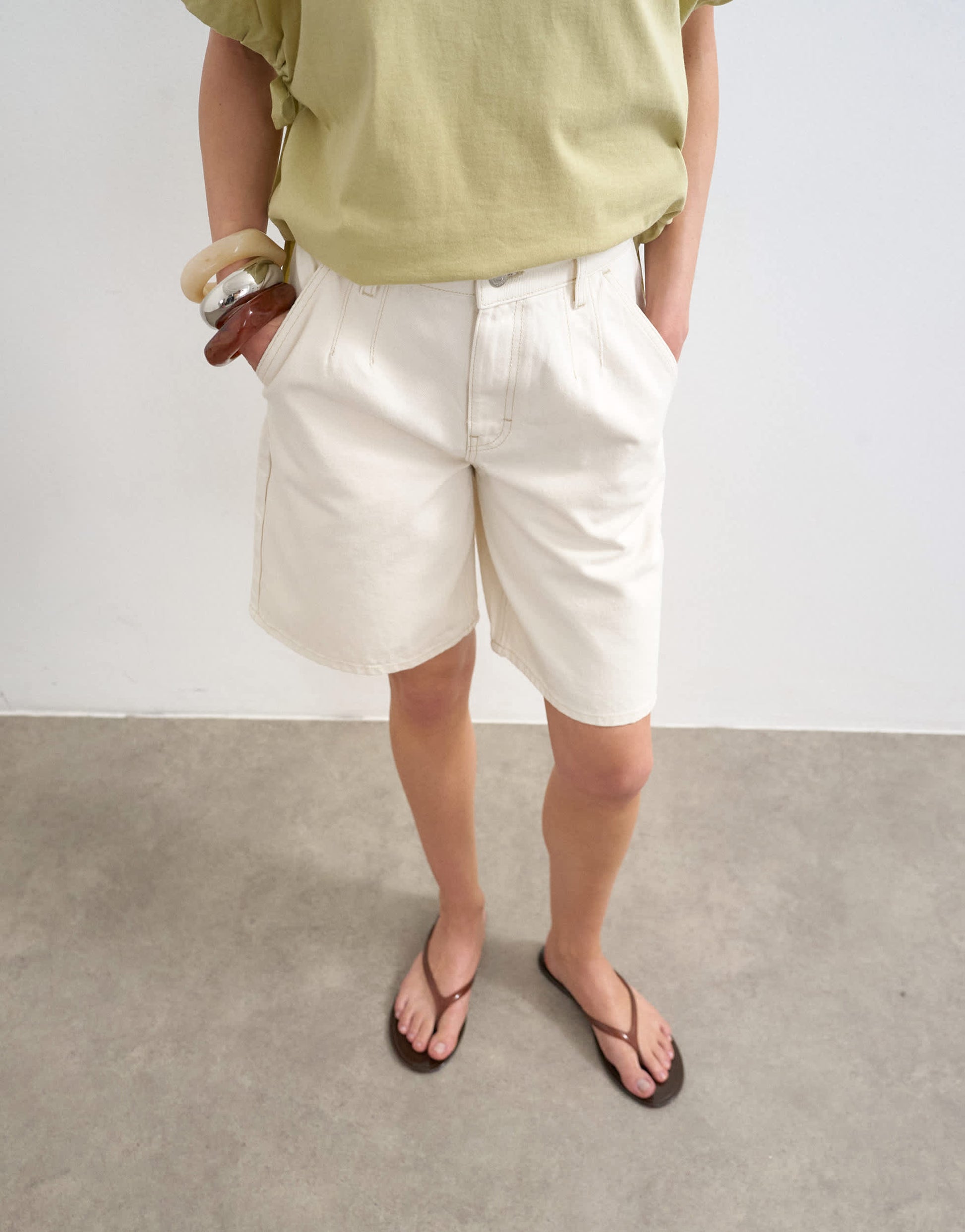 Topshop denim pleated longline short in white