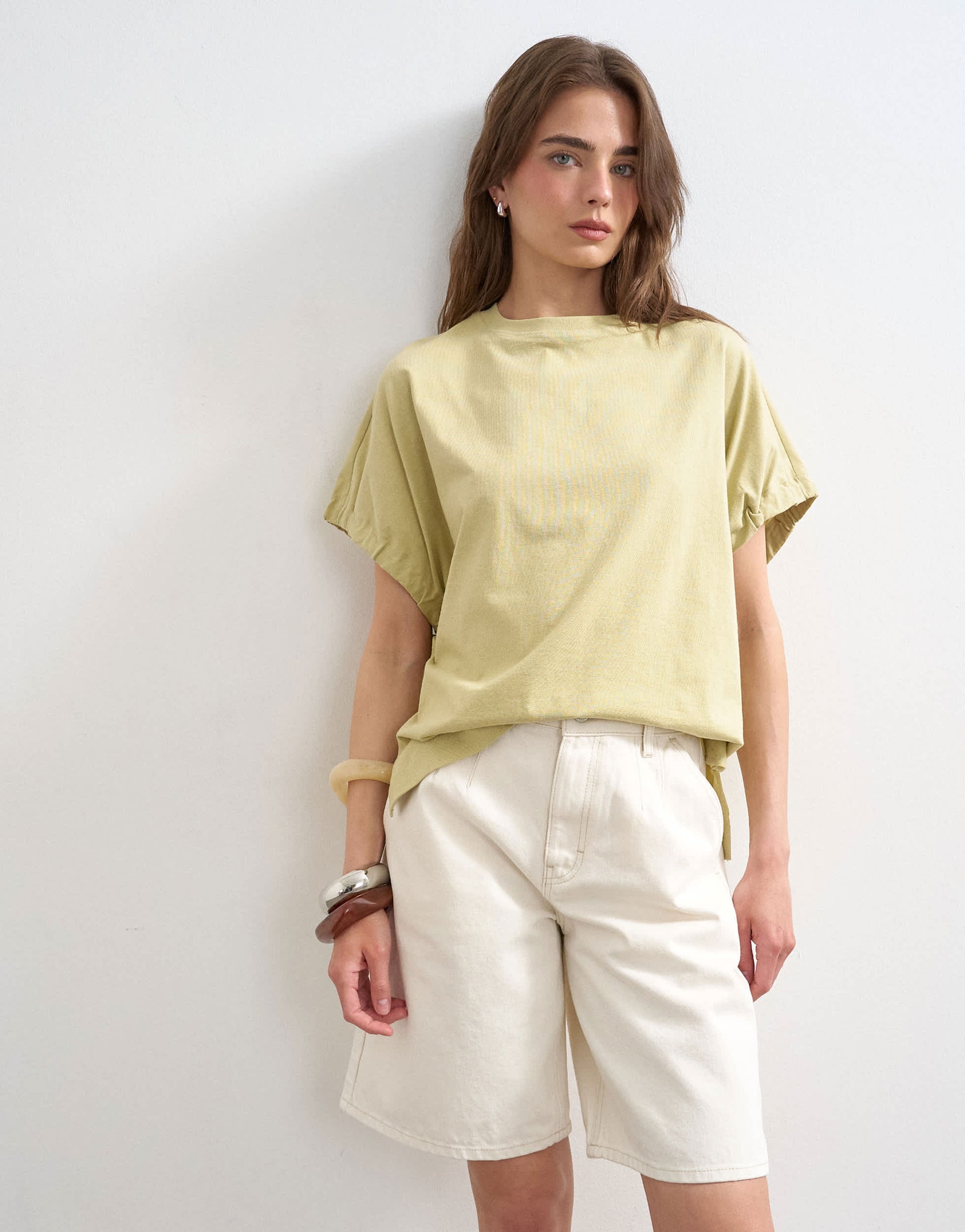 Topshop denim pleated longline short in white