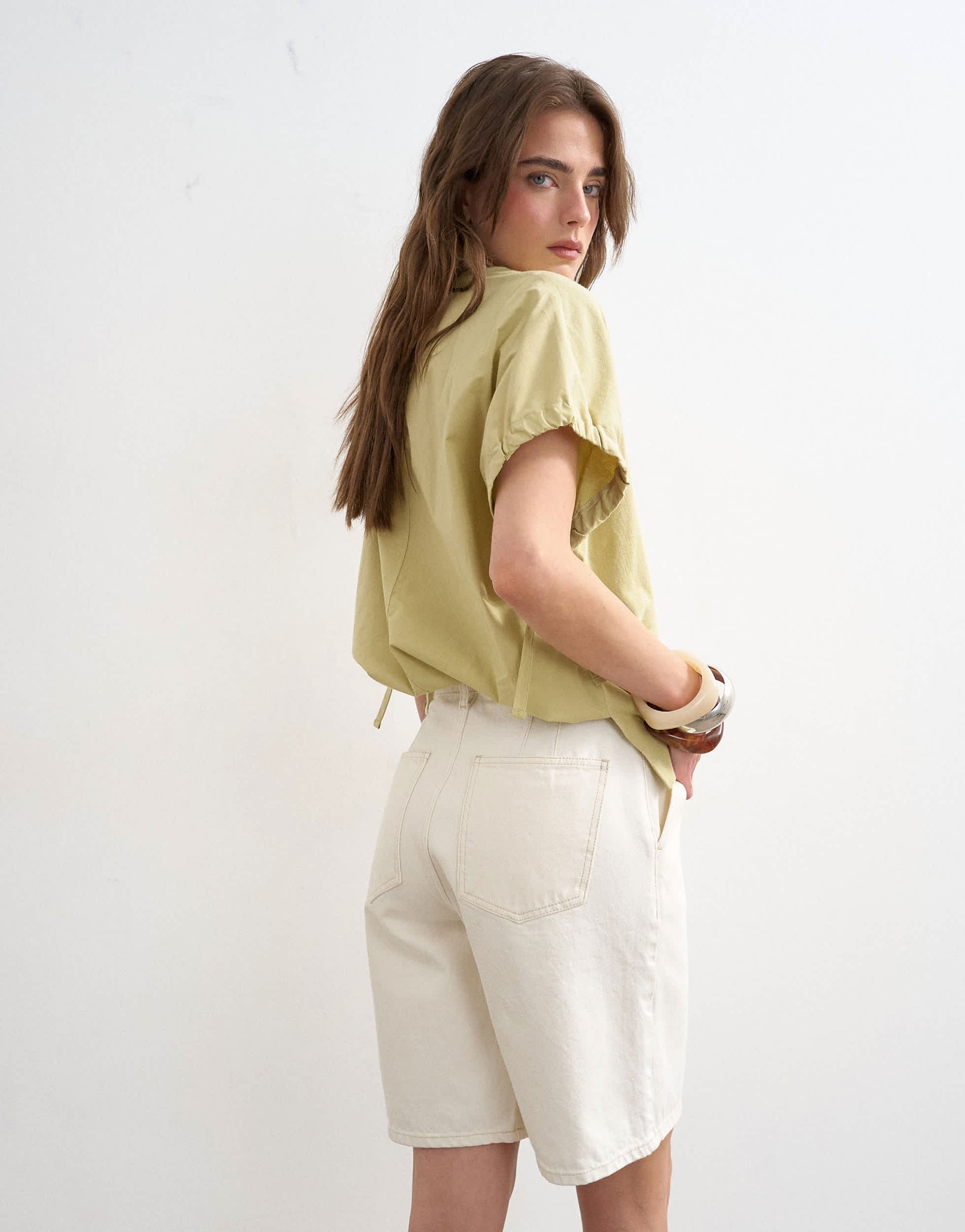 Topshop denim pleated longline short in white