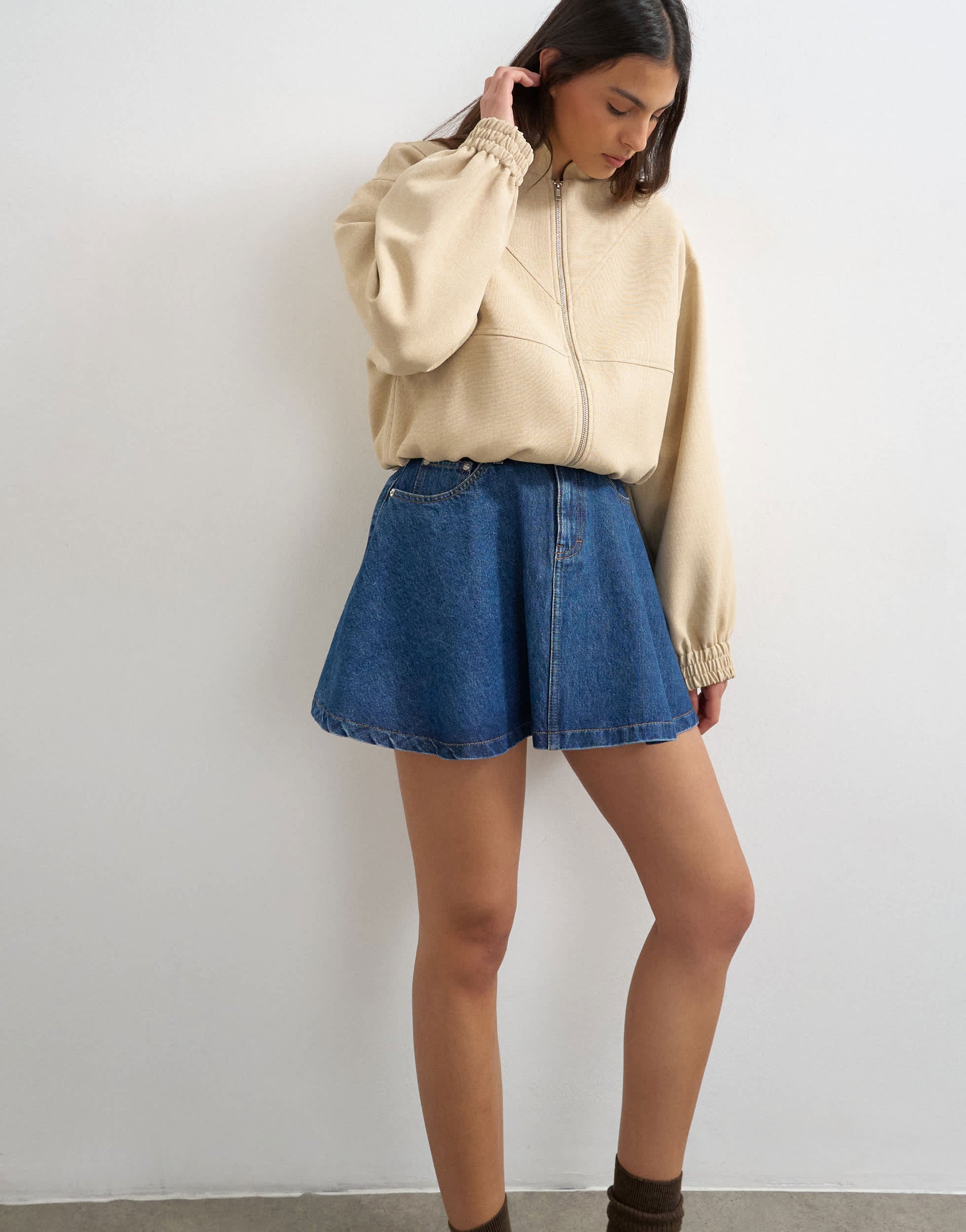 Topshop denim pleated full mini skirt in rich blue