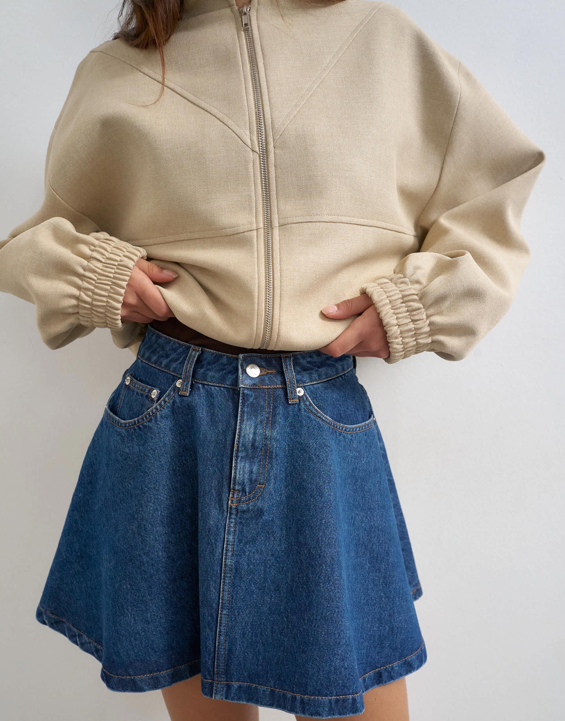 Topshop denim pleated full mini skirt in rich blue