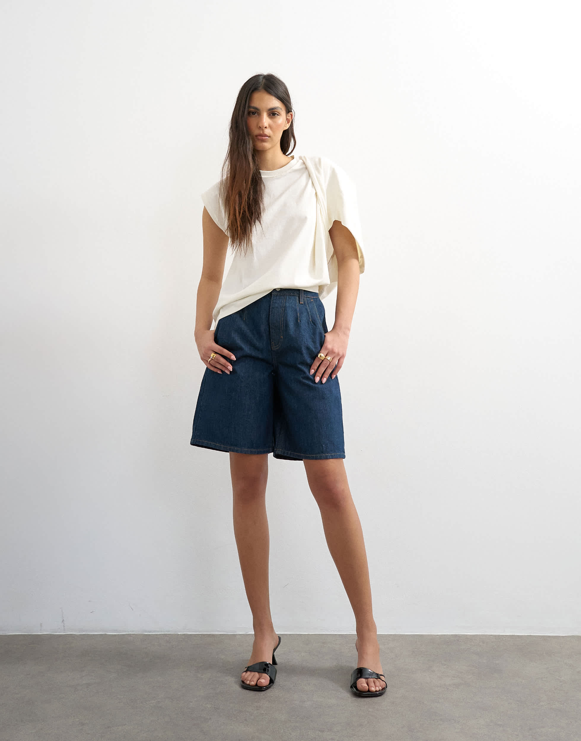 Topshop denim pleated longline short in indigo rinse