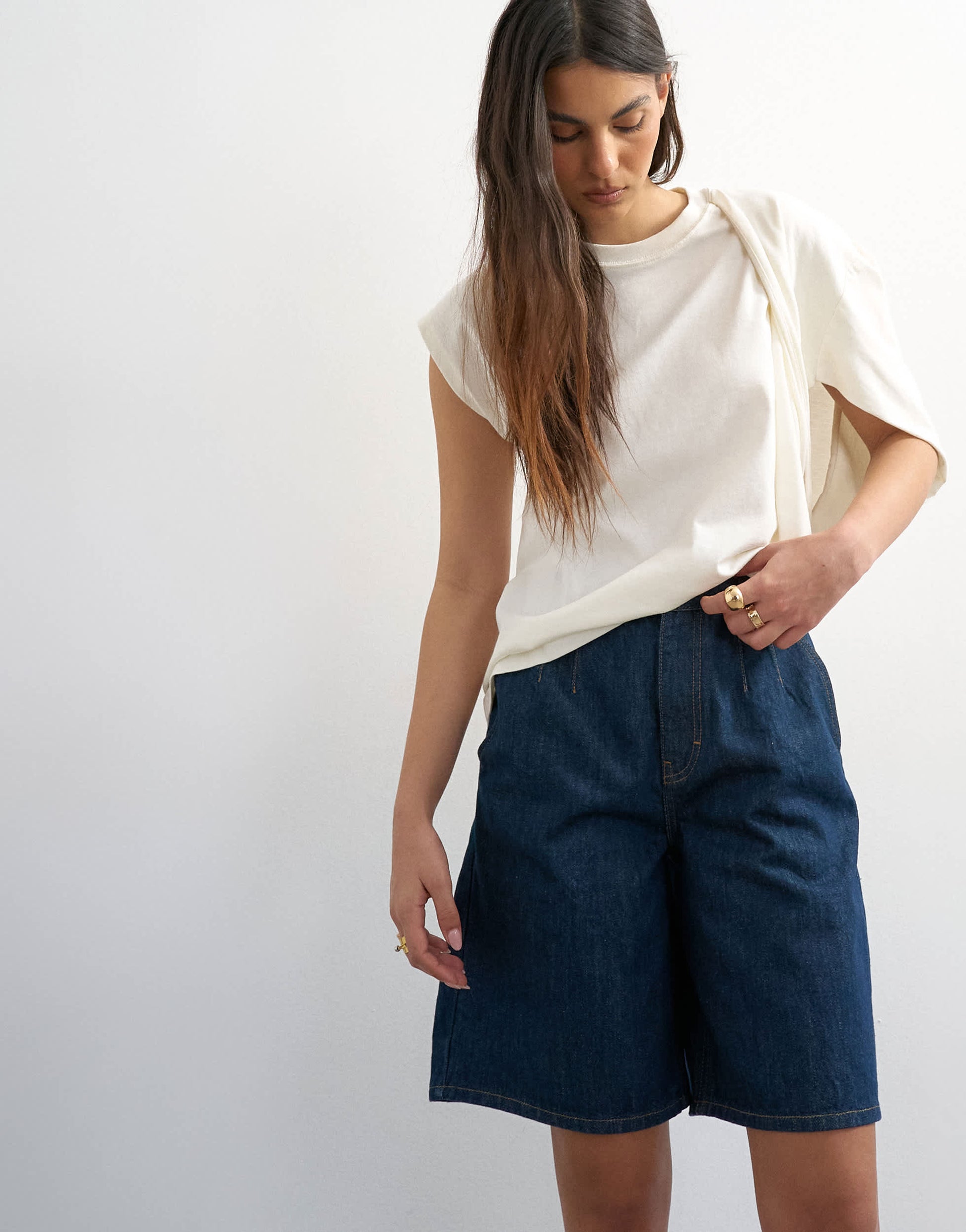 Topshop denim pleated longline short in indigo rinse