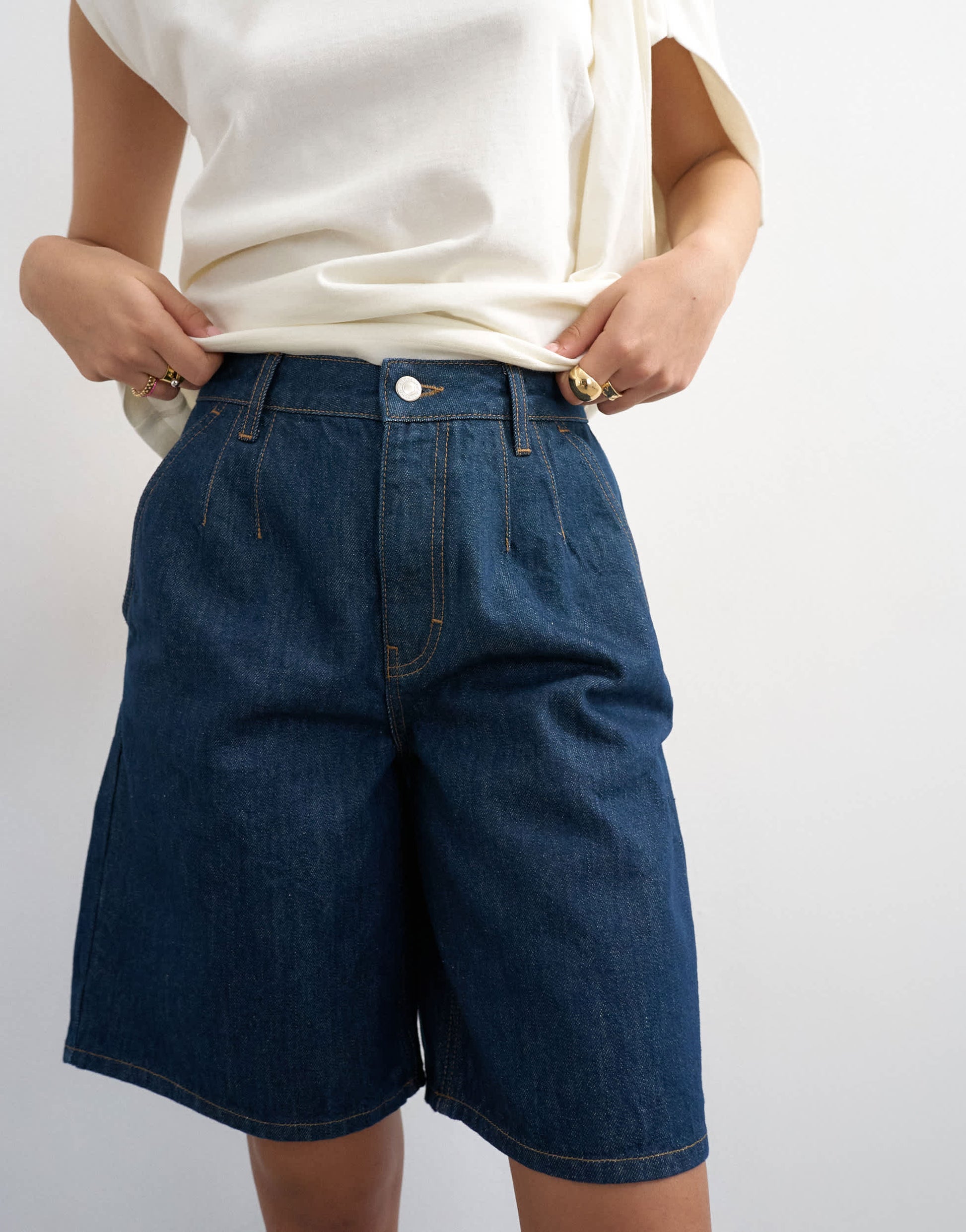 Topshop denim pleated longline short in indigo rinse
