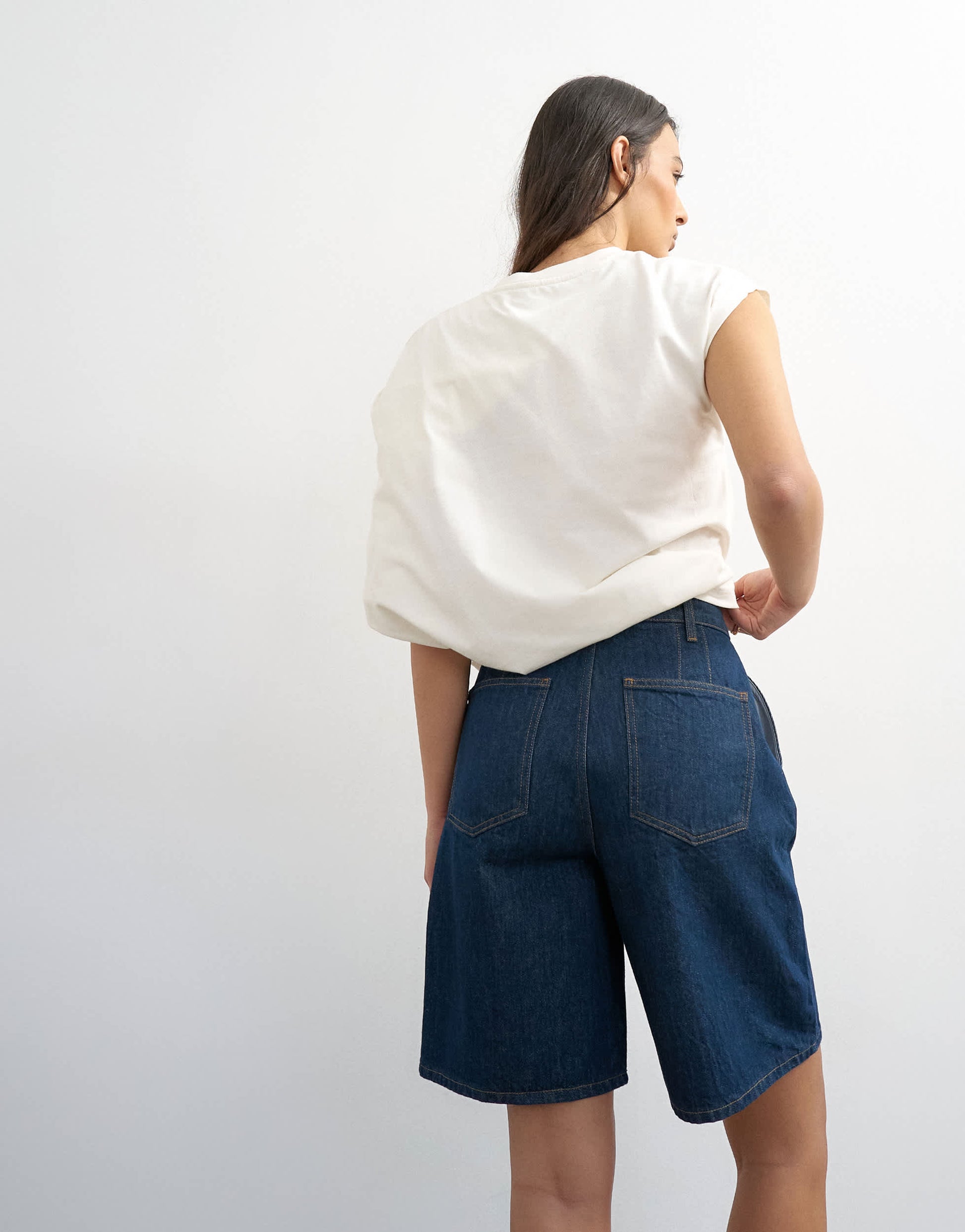 Topshop denim pleated longline short in indigo rinse