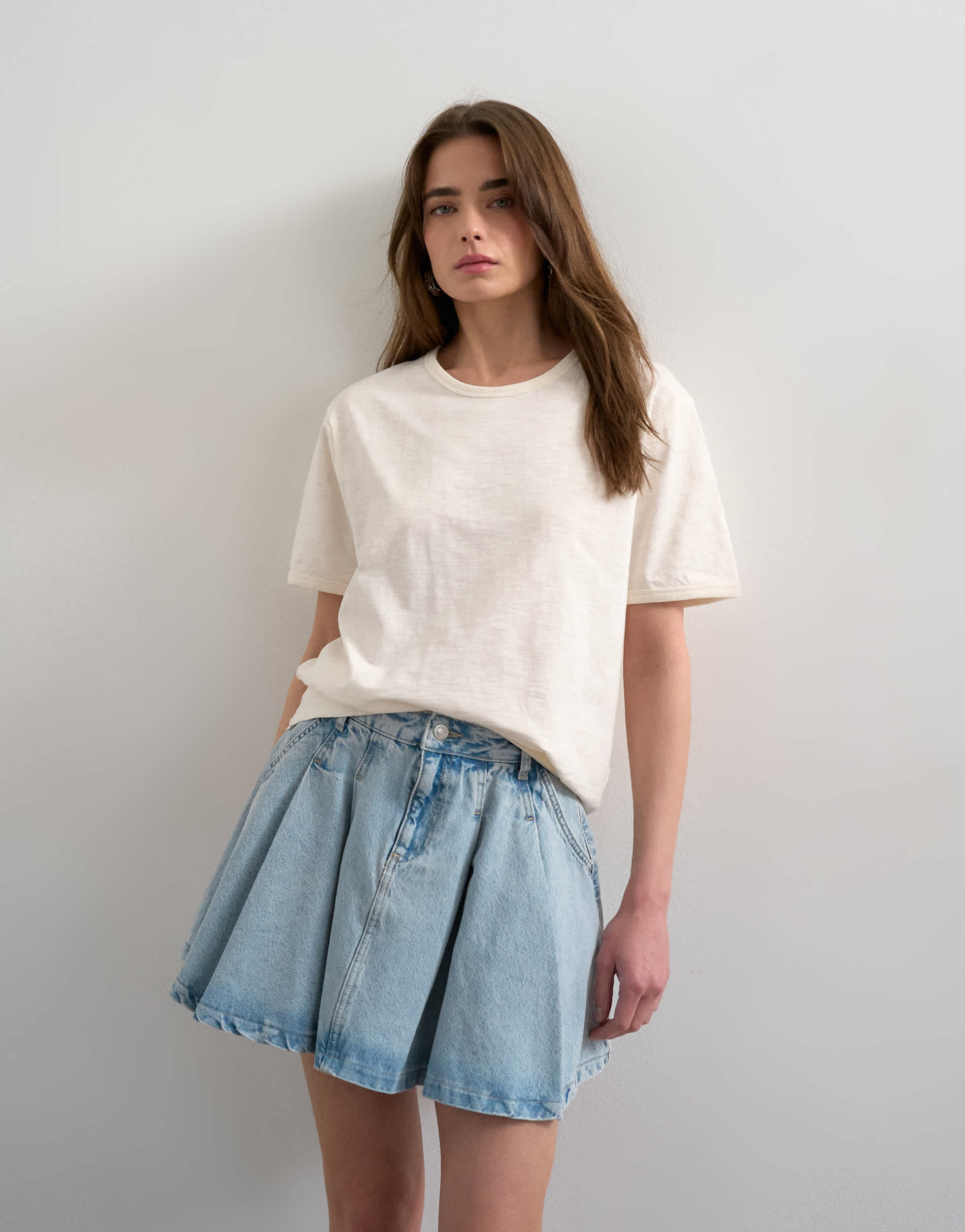 Topshop denim pleated full mini skirt in bleach