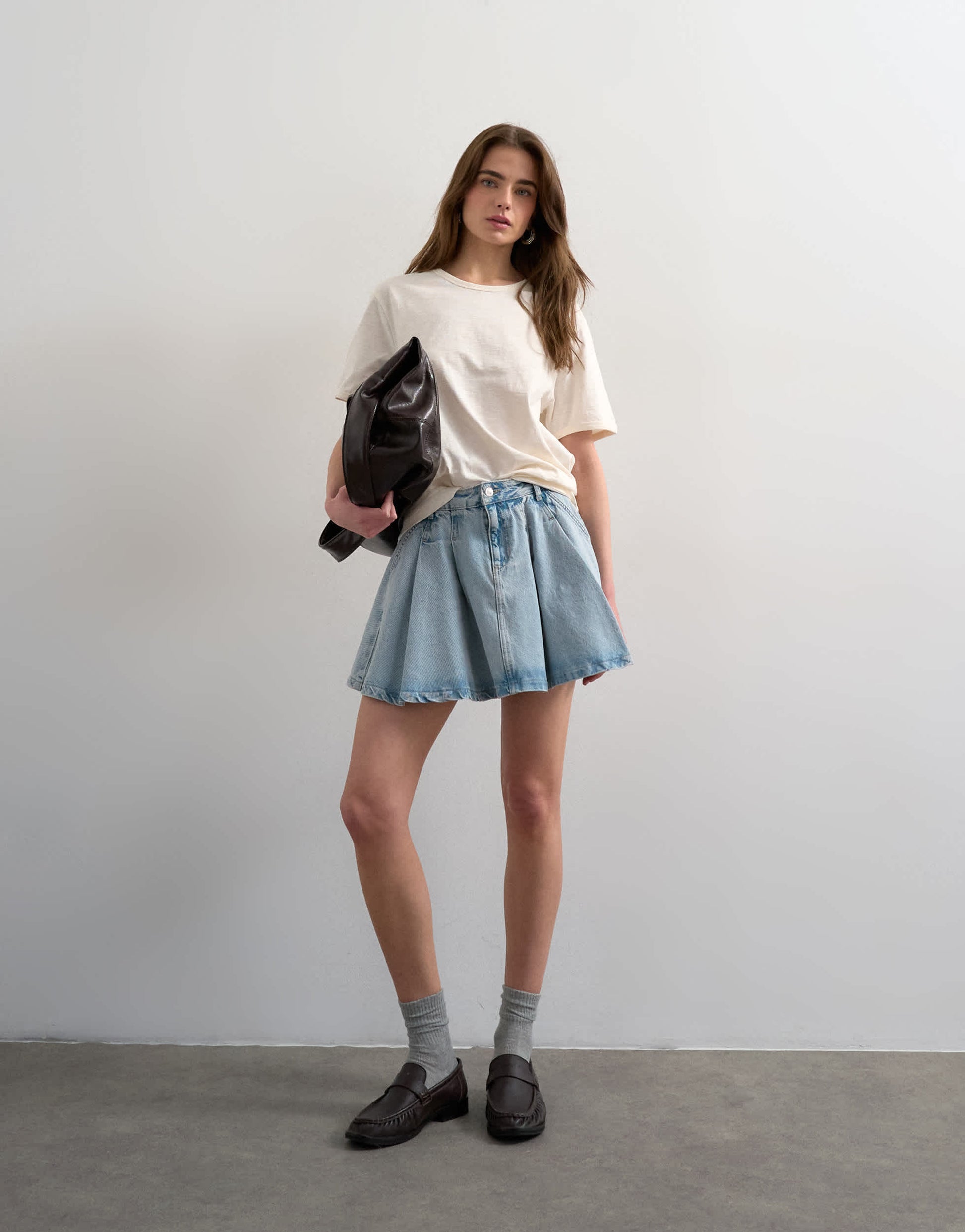 Topshop denim pleated full mini skirt in bleach