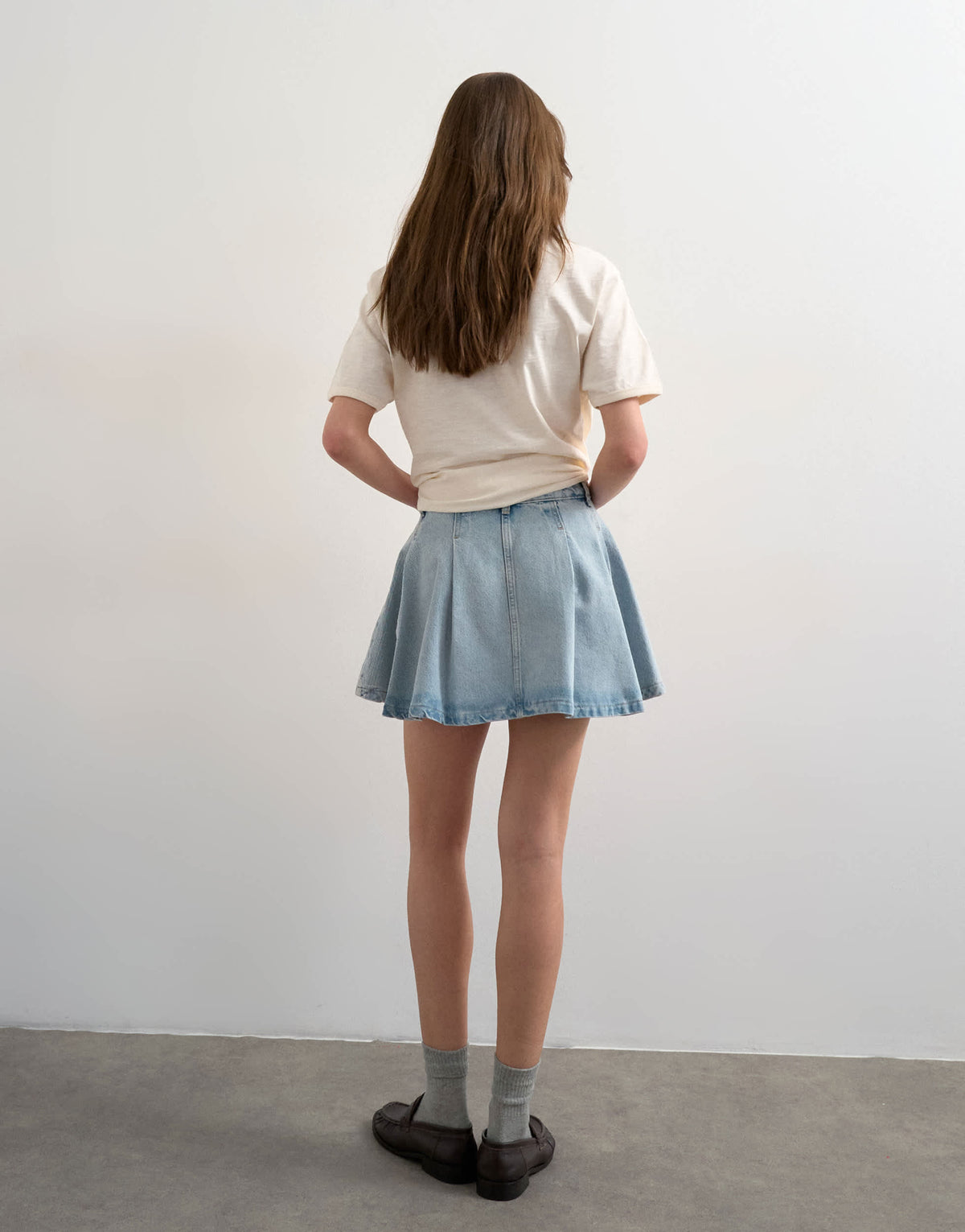 Topshop denim pleated full mini skirt in bleach